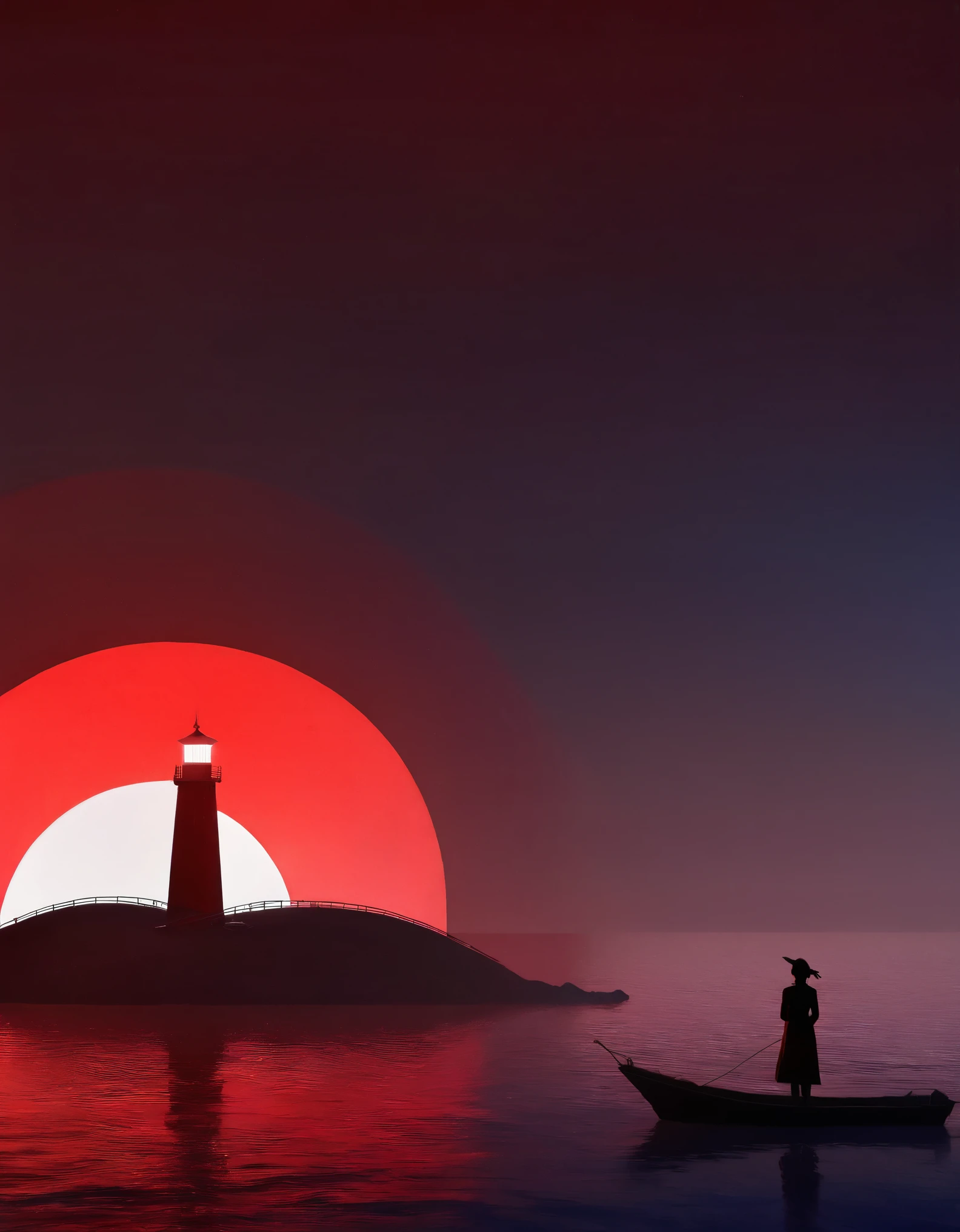 A red lighthouse emits bright light, and in the distance, a boat is sailing towards the sky. A woman stands on the boat, in the style of Eastern minimalism, presented in the movie 4D. Conceptual art, Shang Dynasty, a peaceful and contemplative feeling, minimalist stage design