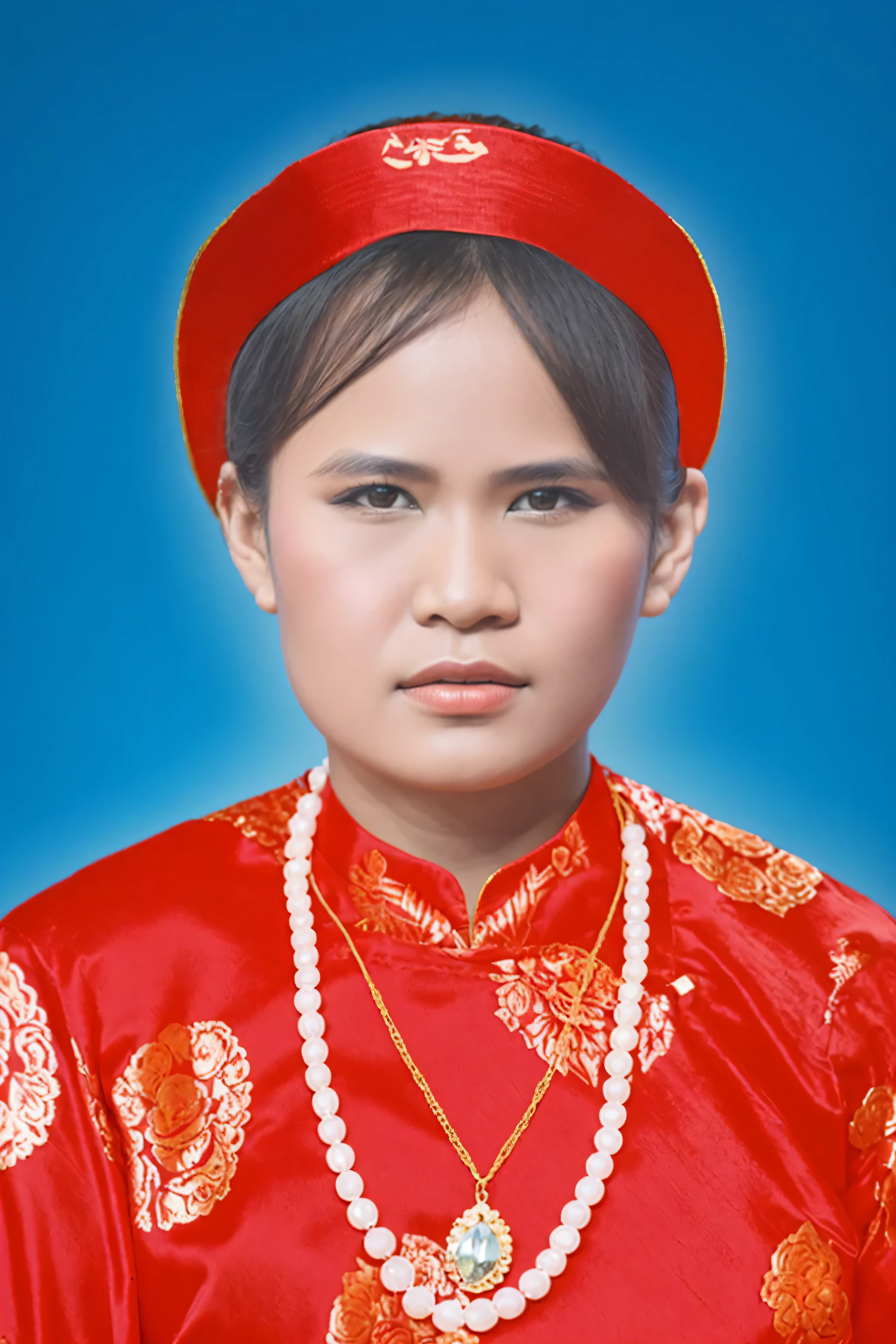 Il y a une femme vêtue d&#39;une robe rouge et d&#39;un collier, aodai, dans le style de Lam Manh, Phuoc Quan, portrait, photo d&#39;une femme, femme vietnamienne, demain frère tran, photo portrait, portrait n - 9, Protrait, Portrait de profil, couvrir pham, portait image, J&#39;I won