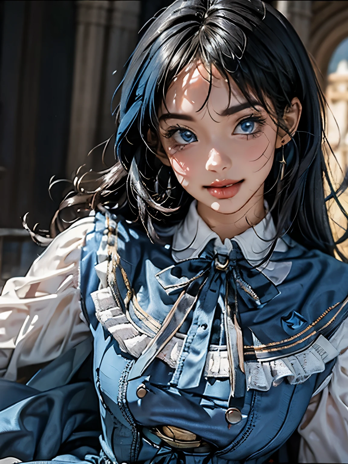 (((((super close up of face))))),Aim from a little above,masterpiece, confused, incredibly confused, very detailed, highest quality, costume,(((((candy blue dress))))), have, knee high, whole body, 1 girl, alone, black hair, gentle smile, looking at the viewer, detailed background, Are standing, at the castle, night, dramatic lighting,