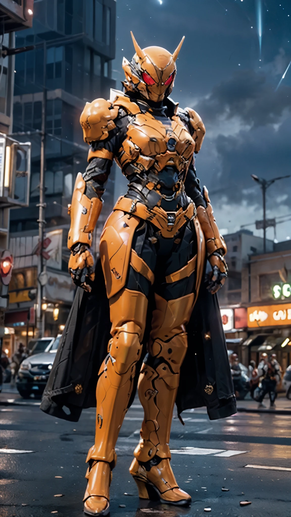 A woman adorned in fantasy-style full-body armor, a crown-concept fully enclosed helmet that unveils only her eyes, a composite layered chest plate, fully encompassing shoulder and hand guards, a lightweight waist armor, form-fitting shin guards, the overall design is heavy-duty yet flexible, ((the armor gleams with a golden glow, complemented by red and blue accents)), exhibiting a noble aura, she floats above a fantasy-surreal high-tech city, this character embodies a finely crafted fantasy-surreal style armored hero in anime style, exquisite and mature manga art style, (Queen bee mixed with Spider concept Armor, photorealistic:1.2, Real texture material:1.2), ((night sky, city night view, elegant, goddess, femminine:1.5)), Unreal Engine 5, metallic, high definition, best quality, highres, ultra-detailed, ultra-fine painting, extremely delicate, professional, anatomically correct, symmetrical face, extremely detailed eyes and face, high quality eyes, creativity, RAW photo, UHD, 32k, Natural light, cinematic lighting, masterpiece-anatomy-perfect, masterpiece:1.5