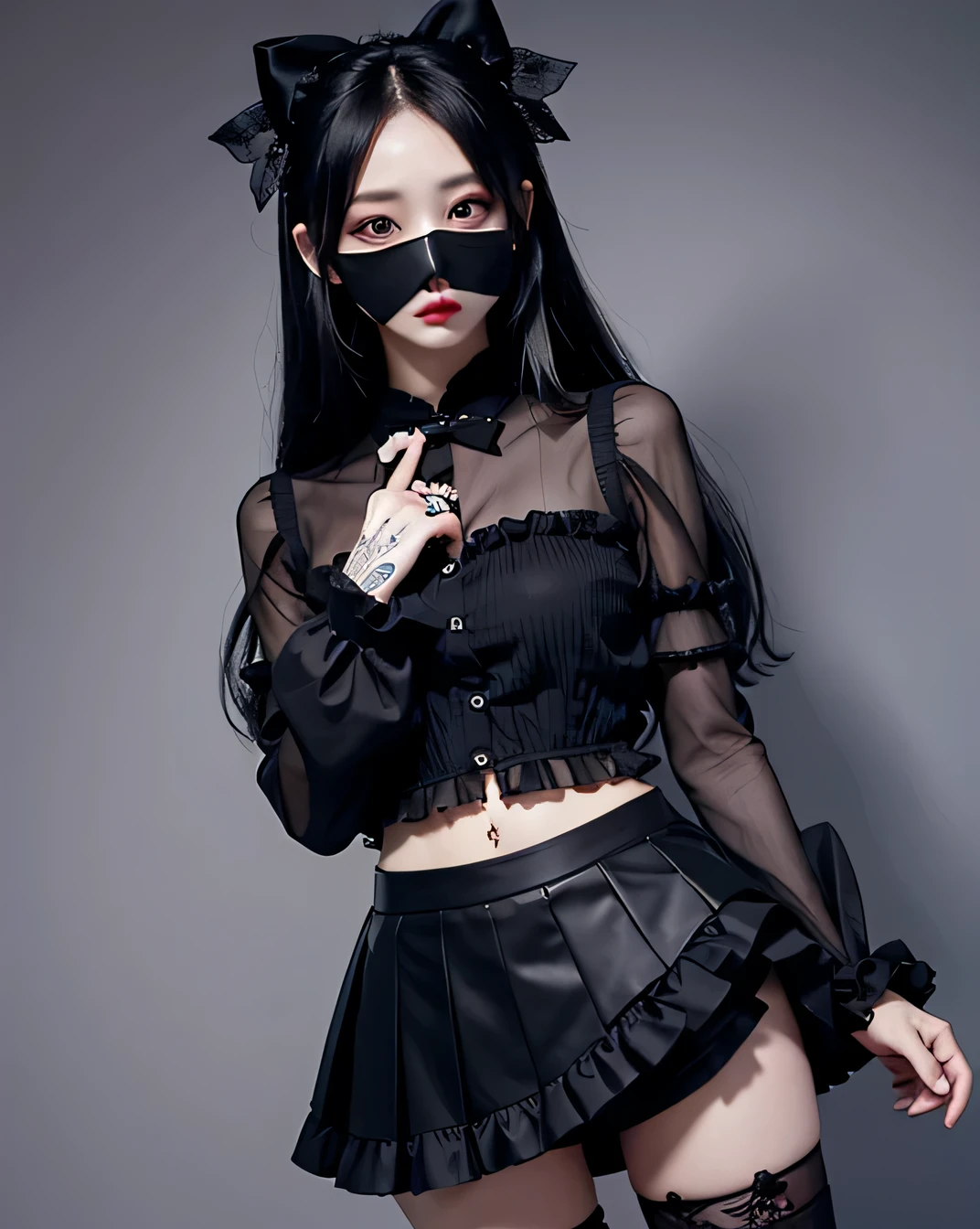 black hair, thigh height, long hair, jirai kei, skirt, ring, jewelry, black thigh height,black mask, shirt, cross, black skirt, frills, gothic, bow, tattoo, ribbon, long sleeve