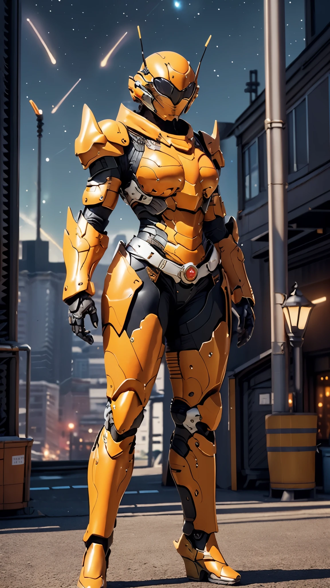 A woman adorned in fantasy-style full-body armor, a crown-concept fully enclosed helmet that unveils only her eyes, a composite layered chest plate, fully encompassing shoulder and hand guards, a lightweight waist armor, form-fitting shin guards, the overall design is heavy-duty yet flexible, ((the armor gleams with a golden glow, complemented by red and blue accents)), exhibiting a noble aura, she floats above a fantasy-surreal high-tech city, this character embodies a finely crafted fantasy-surreal style armored hero in anime style, exquisite and mature manga art style, (Queen bee mixed with Spider concept Armor, photorealistic:1.2, Real texture material:1.2), ((night sky, city night view, elegant, goddess, femminine:1.5)), Unreal Engine 5, metallic, high definition, best quality, highres, ultra-detailed, ultra-fine painting, extremely delicate, professional, anatomically correct, symmetrical face, extremely detailed eyes and face, high quality eyes, creativity, RAW photo, UHD, 32k, Natural light, cinematic lighting, masterpiece-anatomy-perfect, masterpiece:1.5