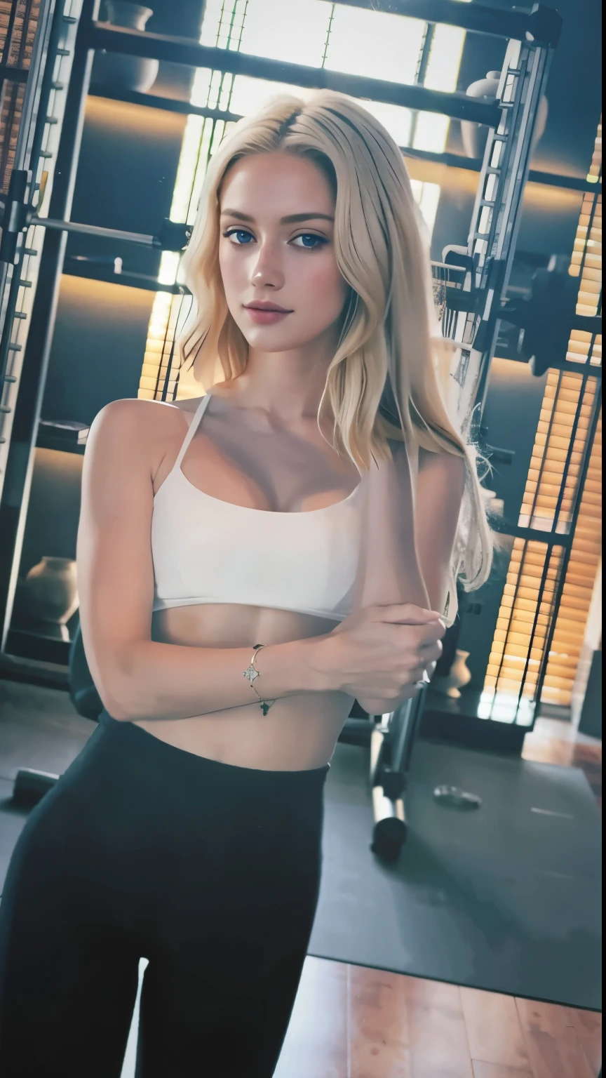mulher, americana, 25 anos, pale skin and freckles, olhos cinzas, nariz delicado, soft and delicate lips, longo, cabelo blondie longo e ondulado na altura da cintura, sorriso meigo, mexendo o cabelo com a mao