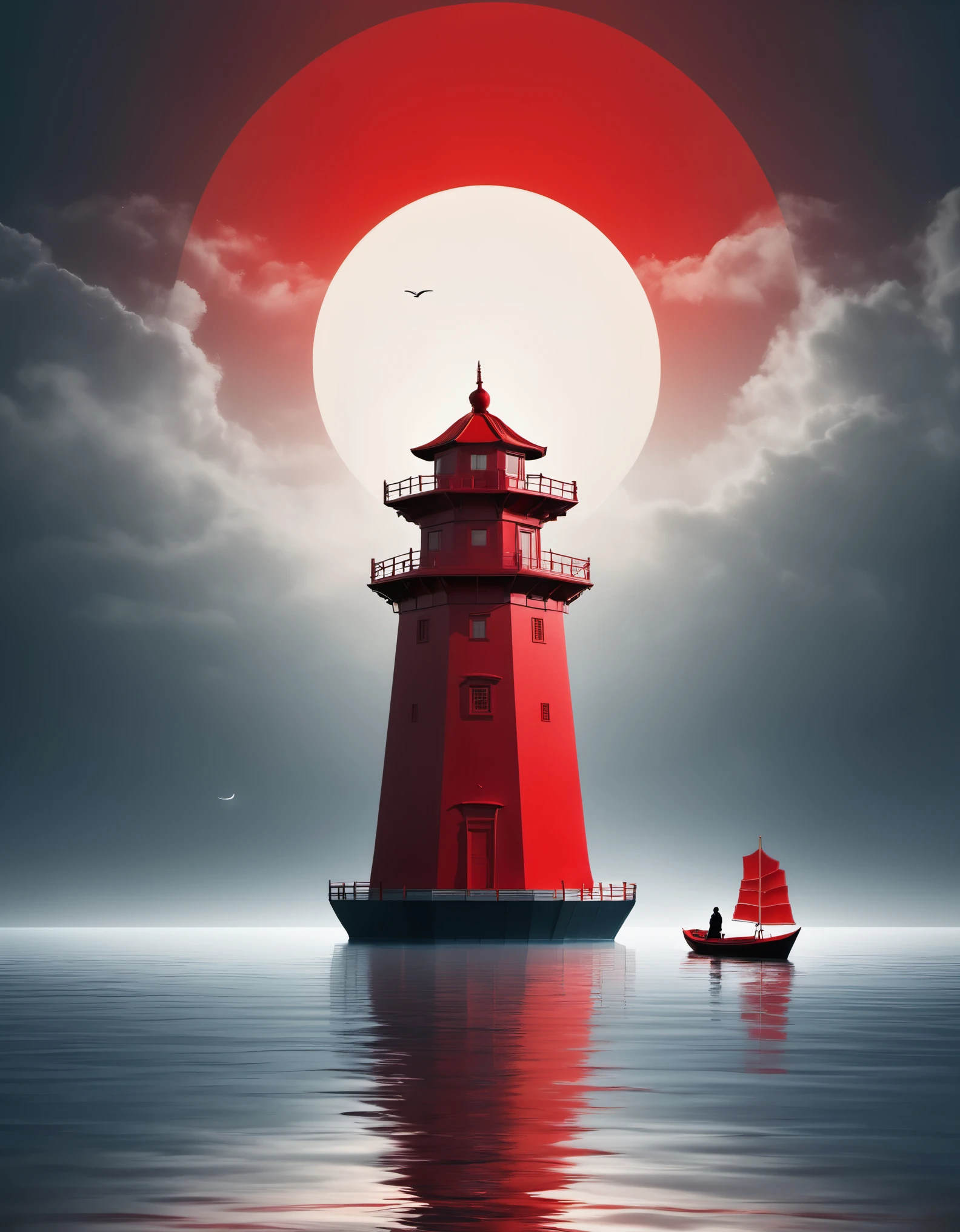 A red lighthouse and boat, emit bright light，with a person standing on the boat, in an Eastern minimalist style presented in a 4d movie. Conceptual art, Shang Dynasty, a peaceful and contemplative feeling, minimalist stage design