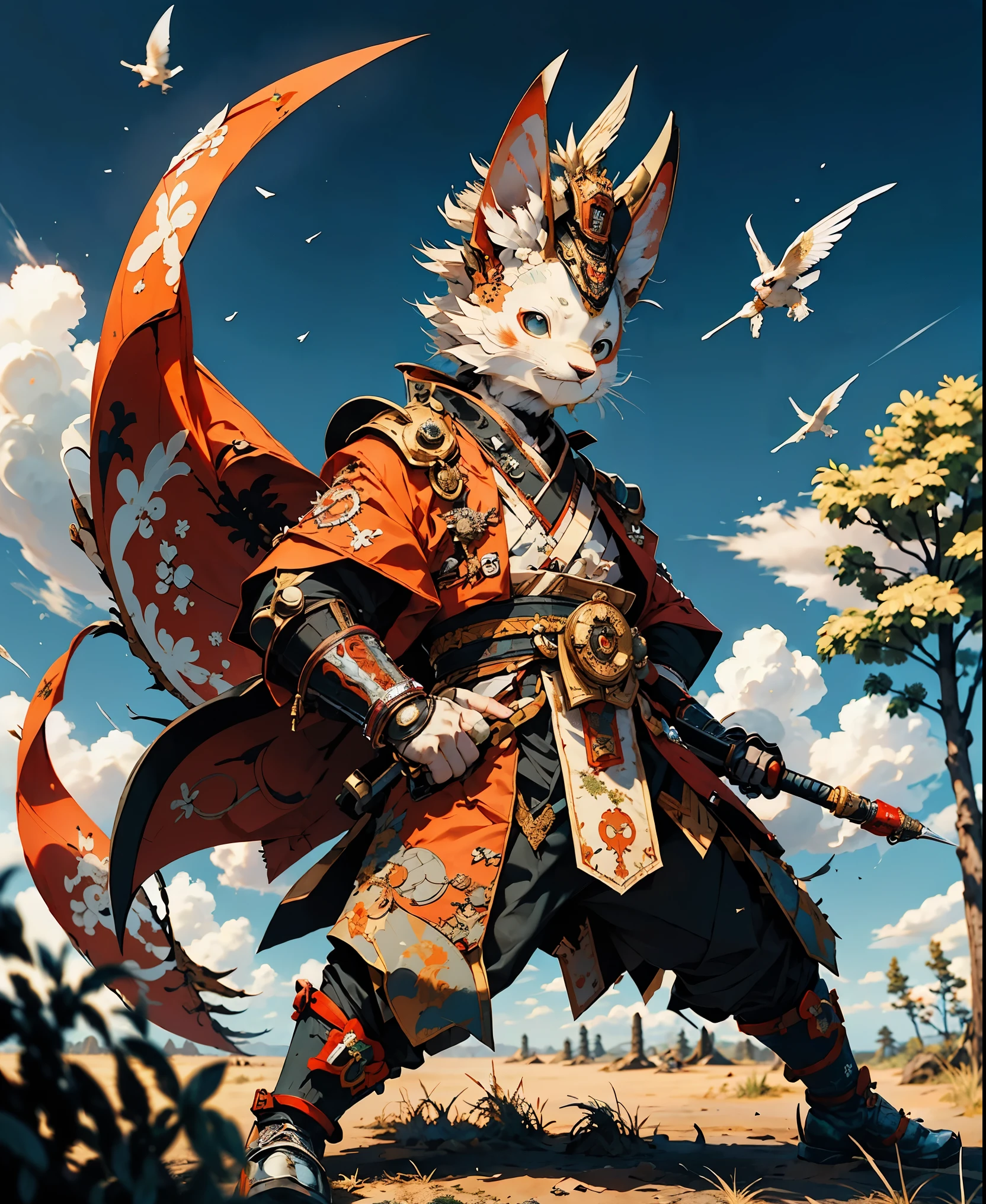 32K UHD QUALITY RESOLUTION, white rabbit, samurai warrior, highly detailed samurai battle armor and sashimono war flag, dynamic battle pose, blood splattered, cherry blossoms blowing in the wind, post apocalyptic feudal Japan background