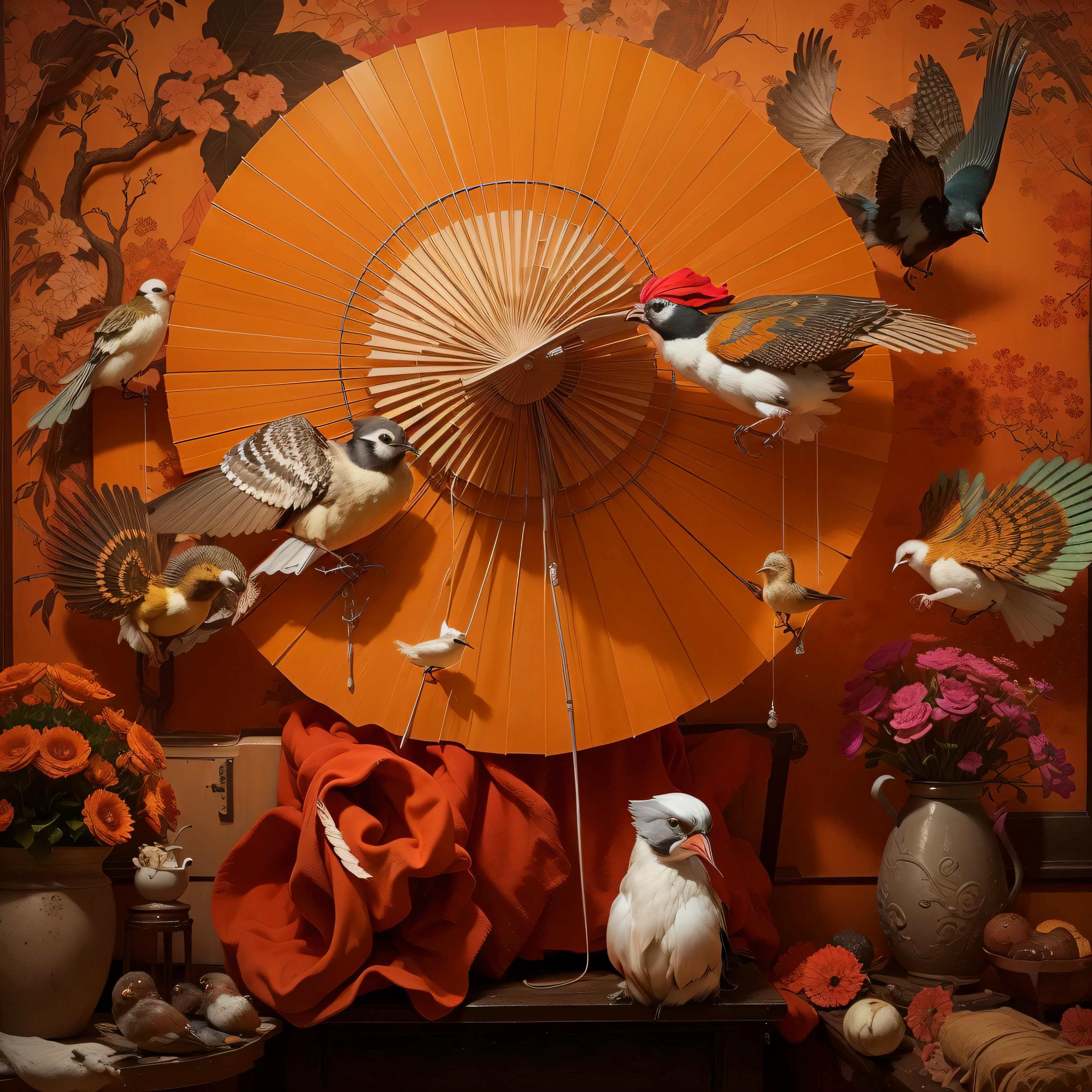 There are many birds flying around the fan, Inspired by Yukimura Ohara, Masami Kurumada, Inspired by Balthasar van der Ast, Inspired by Georges de Latour, Eiko Ishioka, Naoya Tanaka, Inspired by Nicolas Poussin, Perfect minimalist composition, David La Chapelle, Inspired by Gerrit Dou, rival shaw