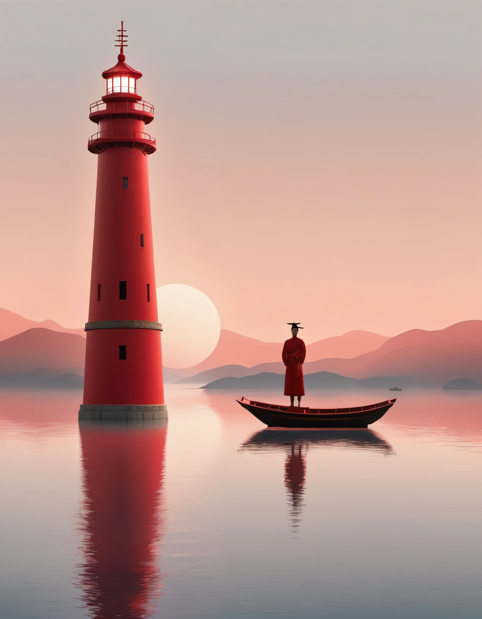 A red lighthouse and boat, emit bright light,with a person standing on the boat, in an Eastern minimalist style presented in a 4d movie. Conceptual art, Shang Dynasty, a peaceful and contemplative feeling, minimalist stage design