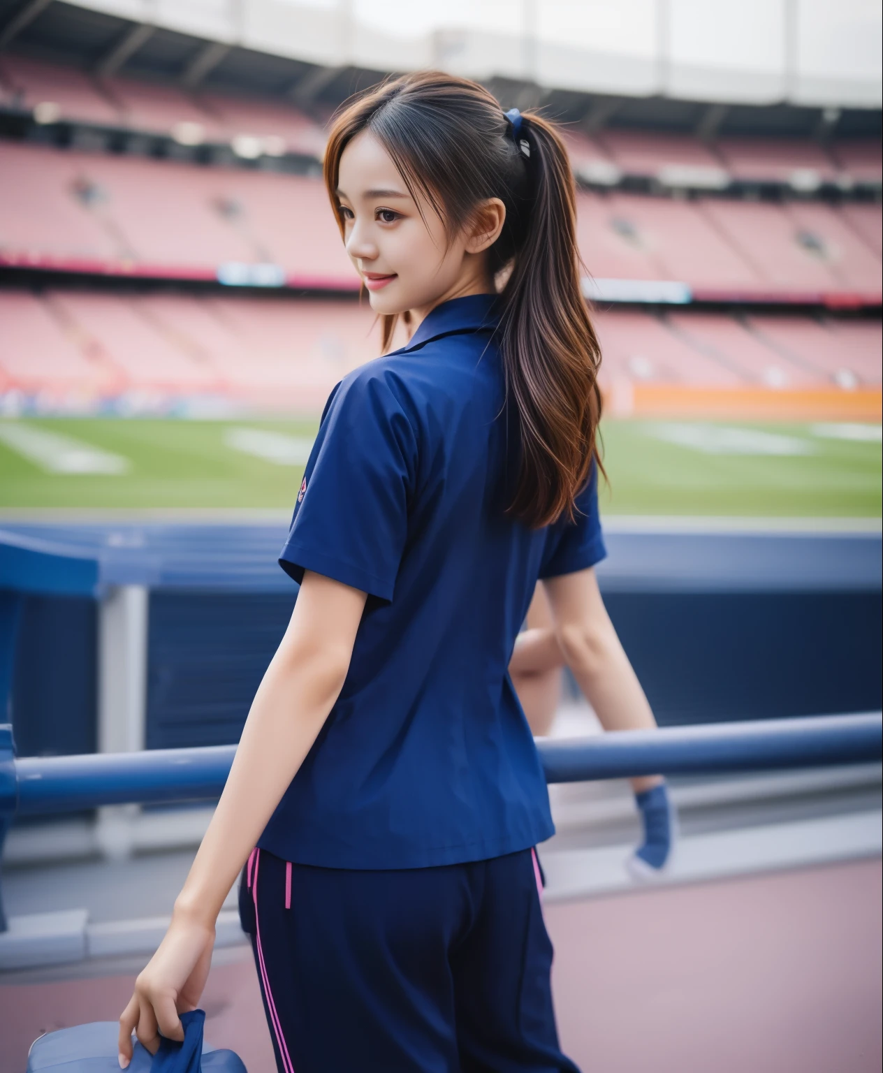 (best quality,10,10,height,Masterpiece:1.2),Special details,(realistic,ภาพrealistic,Realistic photos:1.37),1 cute girl on the football field,shiny, ผิวshiny,only,smile softly,BDclothelue shirt:1.3)),short sleeve,shirt, กางเกงขาlong.,(navy_long_track pants:1.1), ((stadium background:1.3)),Dynamic angle,excited,Face focus,dynamic poses,from behind,focus on ass,Masterpiece, best quality, ultra realistic, hyper-detail, 8K resolution, raw photos, Sharp focus, ((Navy blue shirt:1.1)), short sleeve, เส้นทางlong, perfect body, 2 mature women, 18 years old, Cinema-grade lighting system,blue sweatpants,shirtผ้าออกกำลังกาย,correct anatomy,perfect body, correct body, Sharp face, correct bodyทางกายวิภาค, full body, realistic gestures, long-haired, realistic poses,Wear long shorts................................,ช่วงขาlong,Good shape,carved girl, Slender figure, model, Good shape, beautiful body,blue sweatpants, two girls kissing