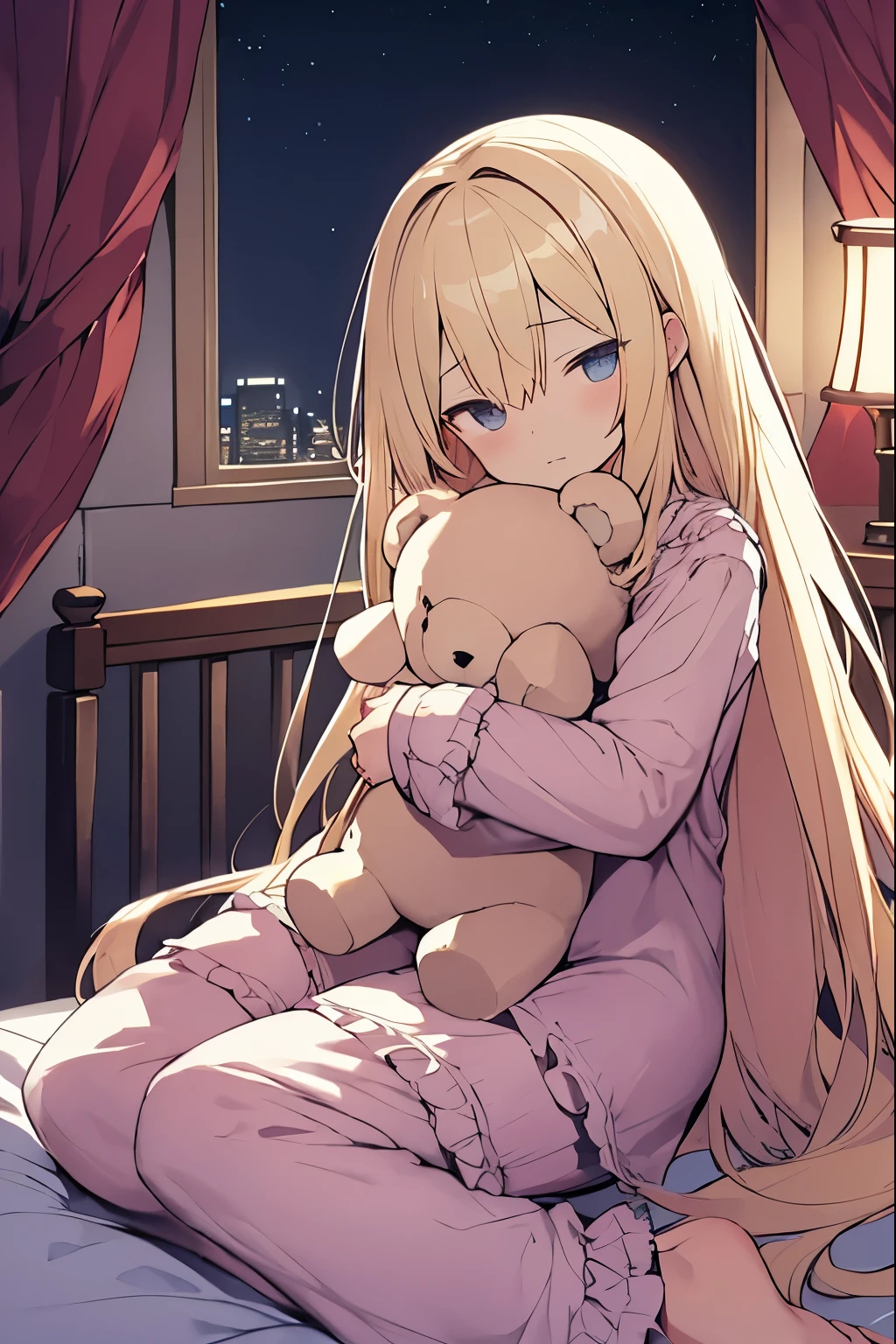 (NSFW:0.9),(:1.4), alone, whole body, sitting, dynamic angle, blonde, with ruffles, long hair, night, , sleepy, I want to sleep, holding a teddy bear, Young girl in pajamas holding a big stuffed animal, in a bedroom environment,