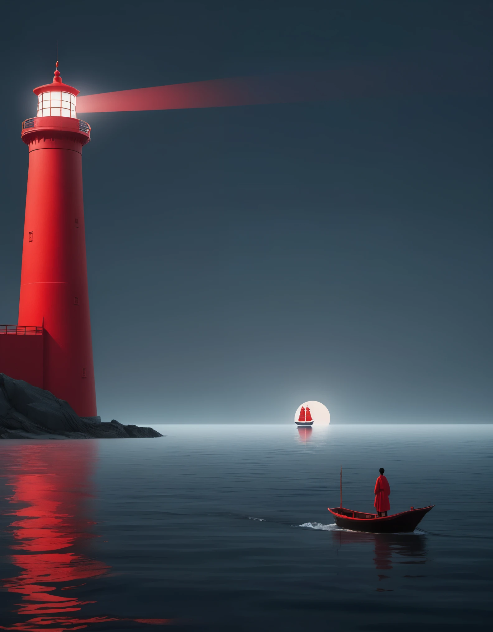 A red lighthouse emits bright light, and in the distance, a ship is sailing towards it. A person stands on the ship, in the style of Eastern minimalism, presented in the 4d film. Conceptual art, Shang Dynasty, a peaceful and contemplative feeling, minimalist stage design