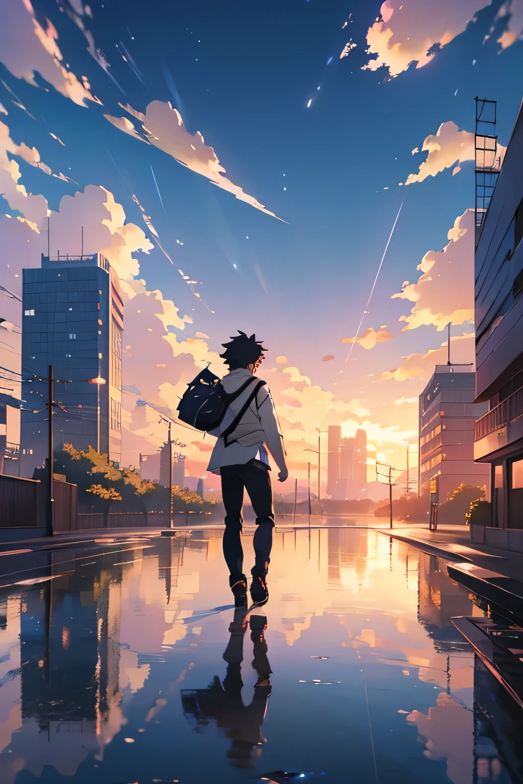 Anime - style scene of a city with beautiful sky and cloudy. by makoto shinkai, anime art wallpaper 4k, anime art wallpaper 4 k, anime art wallpaper 8 k, anime wallpaper 4k, anime wallpaper 4 k, 4k anime wallpaper, anime sky, amazing wallpaper, anime background, a man with bikecycle ghilbi vibes.