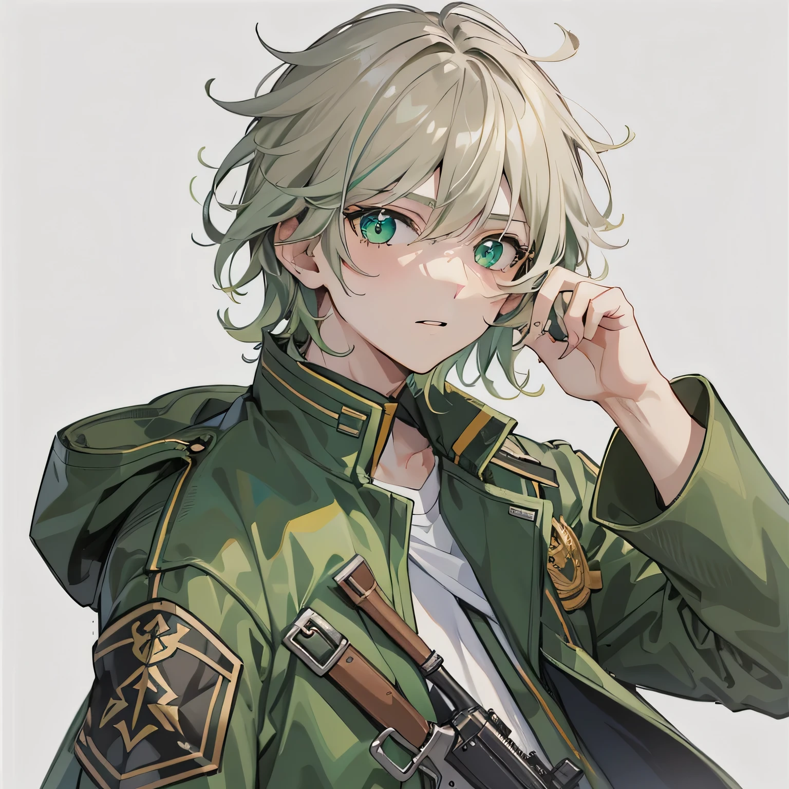 1boy, anime, wavy_medium_hair, bangs, dark_blonde_hair, white_t_shirt, green_field_jacket, green_eyes, mauser_rifle, white_background, looking_at_viewer