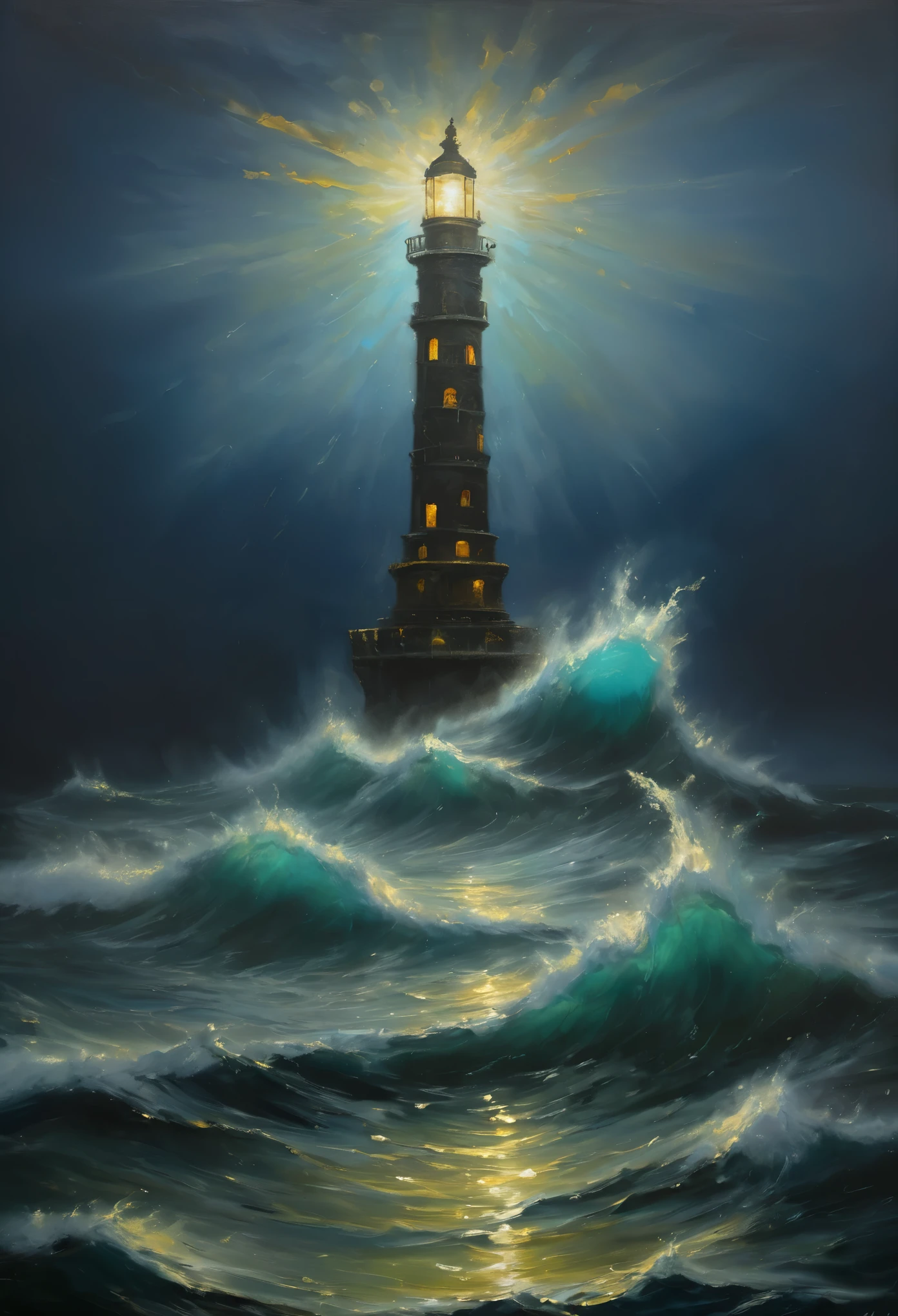 In the center of the sea, there stands a lighthouse, illuminating the surrounding waters. This scene takes place at night, with a blue sky contrasting against the dark ocean. The whole painting exudes a strong oil painting style, with clear layers, as if it were a vibrant comic illustration.