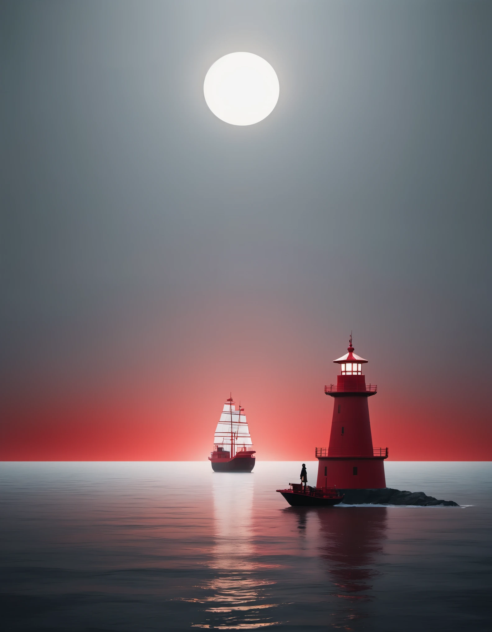 A red lighthouse emits bright light, and in the distance, a ship is sailing towards it. A person stands on the ship, in the style of Eastern minimalism, presented in the 4d film. Conceptual art, Shang Dynasty, a peaceful and contemplative feeling, minimalist stage design