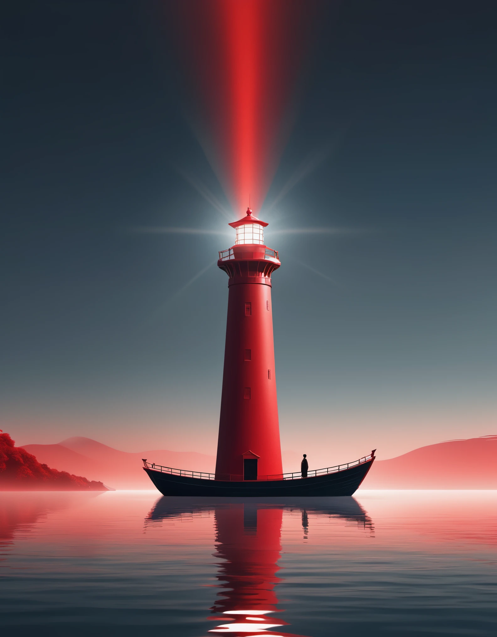 A red lighthouse and boat, emit bright light，with a person standing on the boat, in an Eastern minimalist style presented in a 4d movie. Conceptual art, Shang Dynasty, a peaceful and contemplative feeling, minimalist stage design