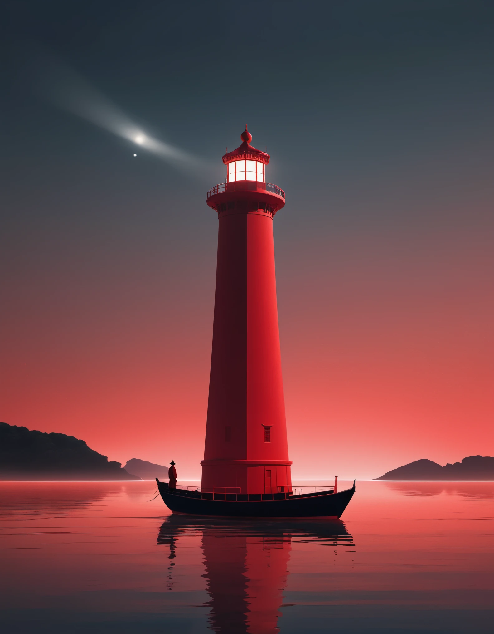 A red lighthouse and boat, emit bright light,with a person standing on the boat, in an Eastern minimalist style presented in a 4d movie. Conceptual art, Shang Dynasty, a peaceful and contemplative feeling, minimalist stage design