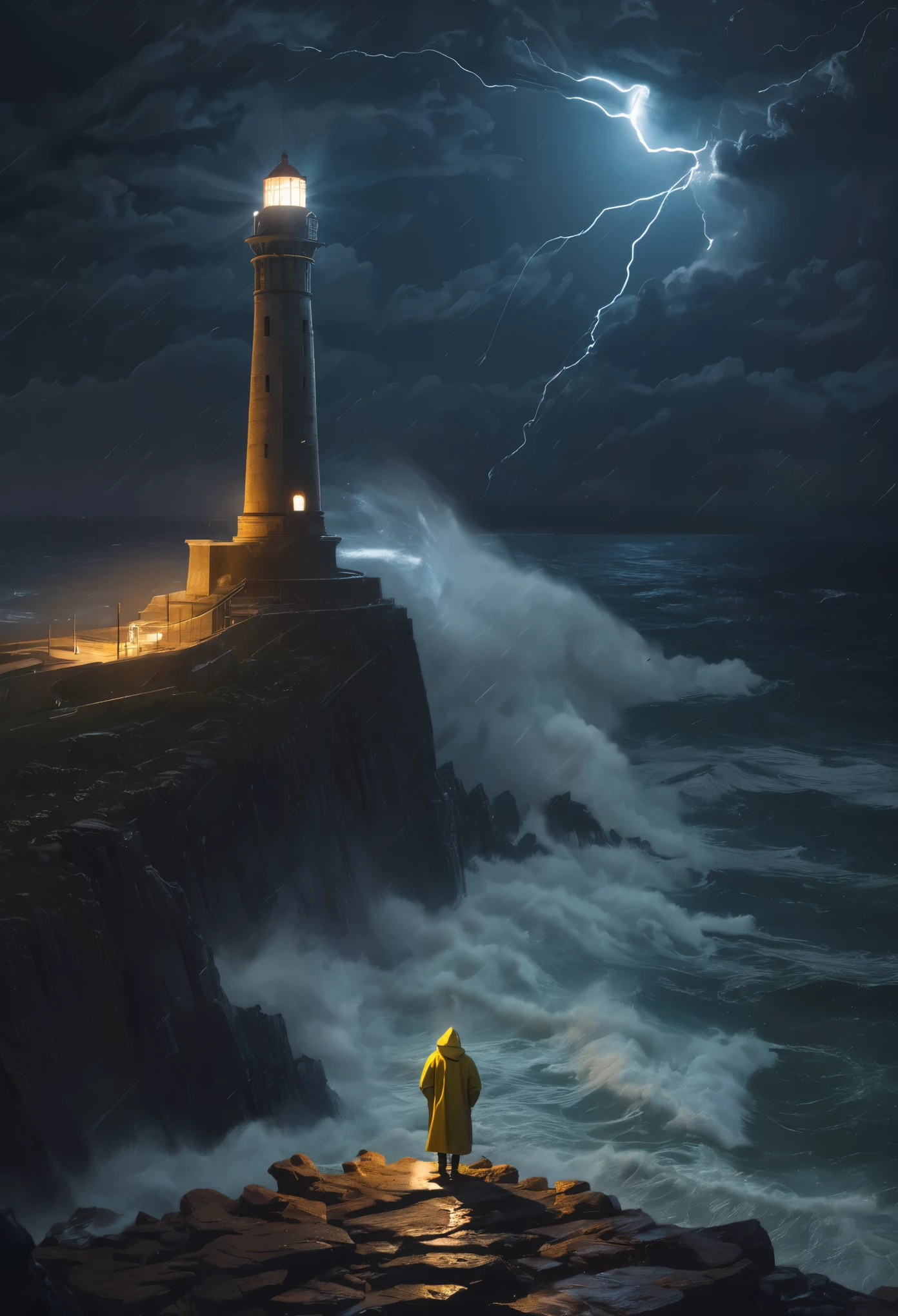 A lighthouse standing on the coast, illuminating the sea with its powerful beam during a stormy night. The waves crash against the rocks, while a lighthouse keeper, clad in a raincoat, stands at the top of the lighthouse, watching over the scene. The light from the lighthouse creates long tracks of light on the sea, guiding ships through the storm.