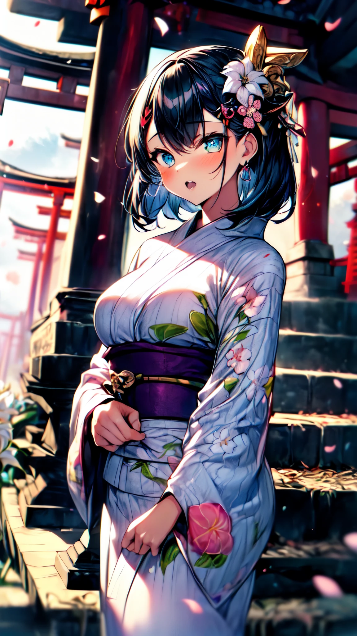 (A 7-year-old girl: 1.2), (a very small girl), changes, (alone), (small breasts), (wide angle), (white lilies), original photos, aesthetics, complexity, victory, control enhancement, contrast between light and dark, best quality, detailed background, (Ooth atmosphere: 1.2) (cloudy sky) (((a girl wearing a cotton kimono: 1.2), large cotton kimono, cotton kimono, long kimono sleeves, best wrinkles, true wrinkles, best shadows, (passing through a misty dark Zen garden), (real location), exquisite and beautiful eyes, casual gestures Detailed texture, posture, (dissecting the correct body, detailed face (with very detailed texture and floral patterns), (black hair), thick hair, hair accessories, Komono, kimono, heart, outdoor activities, pagoda, petals, blue kimono, belt, shrine, sky pornography, stone staircase, Torii, wide sleeves, yukata, (cloudy, Ooth)