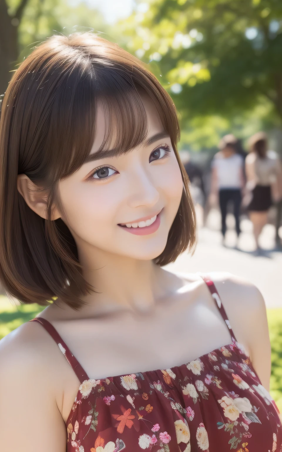 ((top quality、8k、Masterpiece:1.3、ultra high resolution))、(clear focus:1.4)、rest、a japanese lady、young、1 person、upper part of body、from directly above、light skin tone、((Dark brown hair))、short hair、(Red and floral dress:1.2、cute dress、fine fabric)、Super face slimming、exquisite eyes、narrow eyes、double eyelids、cheeks flushed、delicate skin、Sweat、skin shiny、glowing skin、shadow skin、cosmetic、rosy lips、a smile、big breasts、looking at camera、rest、(Detailed background、university campus:1.5)、daytime、natural lighting