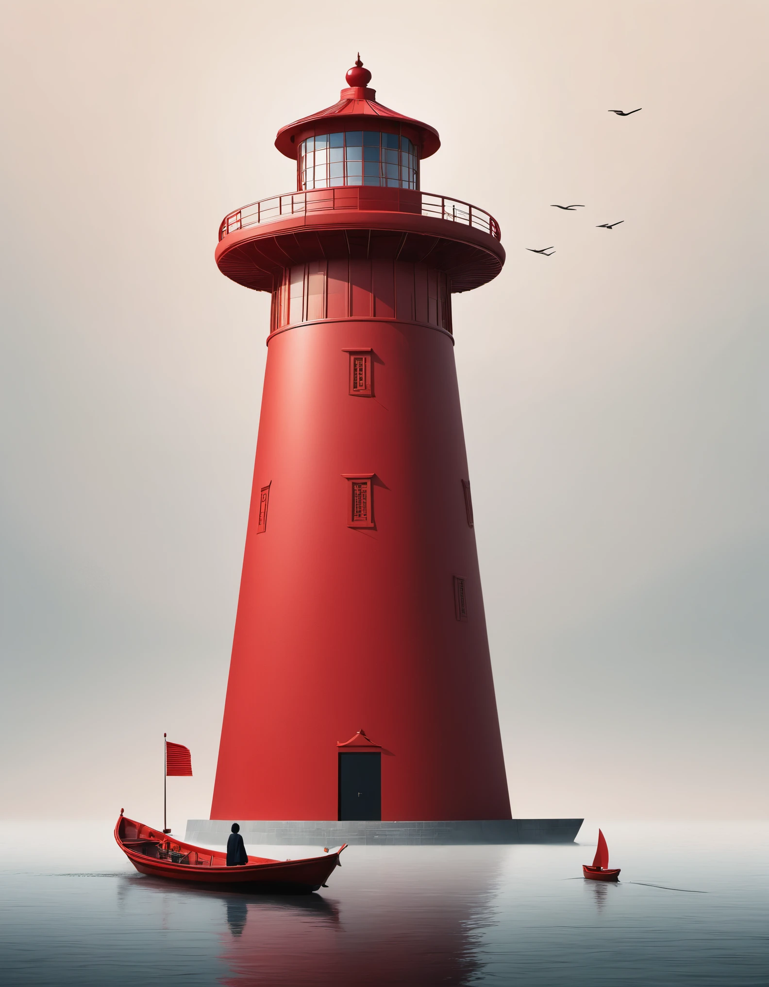 A red lighthouse and boat, with a person standing on the boat, in an Eastern minimalist style presented in a 4d movie. Conceptual art, Shang Dynasty, a peaceful and contemplative feeling, minimalist stage design