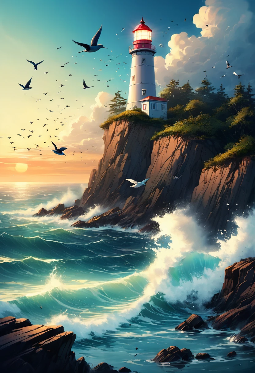 a painting of a lighthouse on a rocky shore with birds flying around, Lighthouse radiates light from the sea., art station, serial art,, lighthouse, lighthouse, Amazing wallpapers, beautiful数字艺术作品, 一个beautiful艺术, 4k detailed digital art, landscape artwork, 一幅beautiful画, high quality digital, beautiful.super detailed,(actual,photoactual,photo-actual:1.37),anatomically correct...
