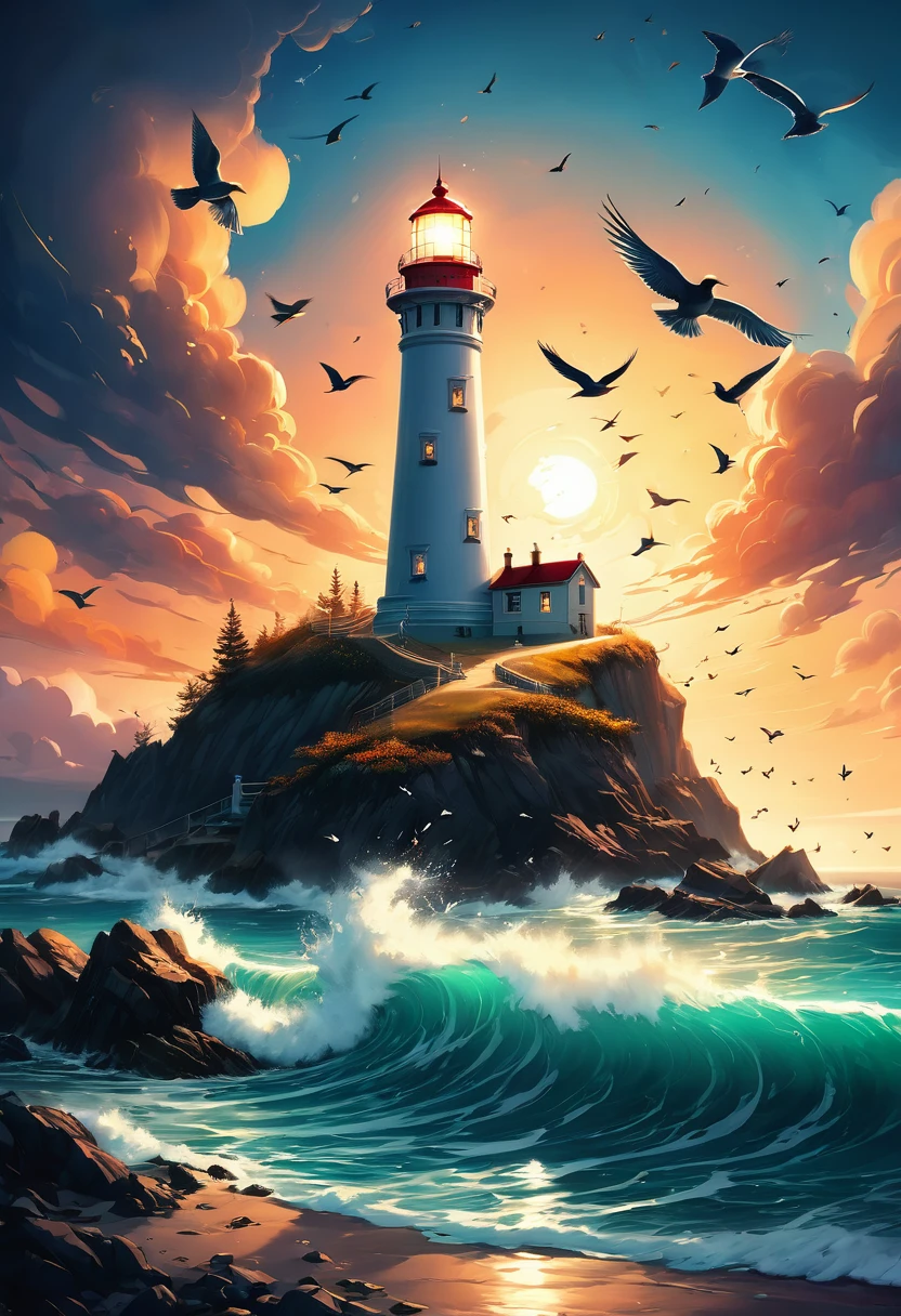 a painting of a lighthouse on a rocky shore with birds flying around, Lighthouse radiates light from the sea.By Cyril Rolando (Cyril Rolando) inspiring numbers, art station, serial art, beautiful painting of tall man, lighthouse, lighthouse, amazing wallpapers, Beautiful digital art work, A beautiful artistic illustration, 4k detailed digital art, landscape artwork, a beautiful painting, high quality digital, Beautiful illustration