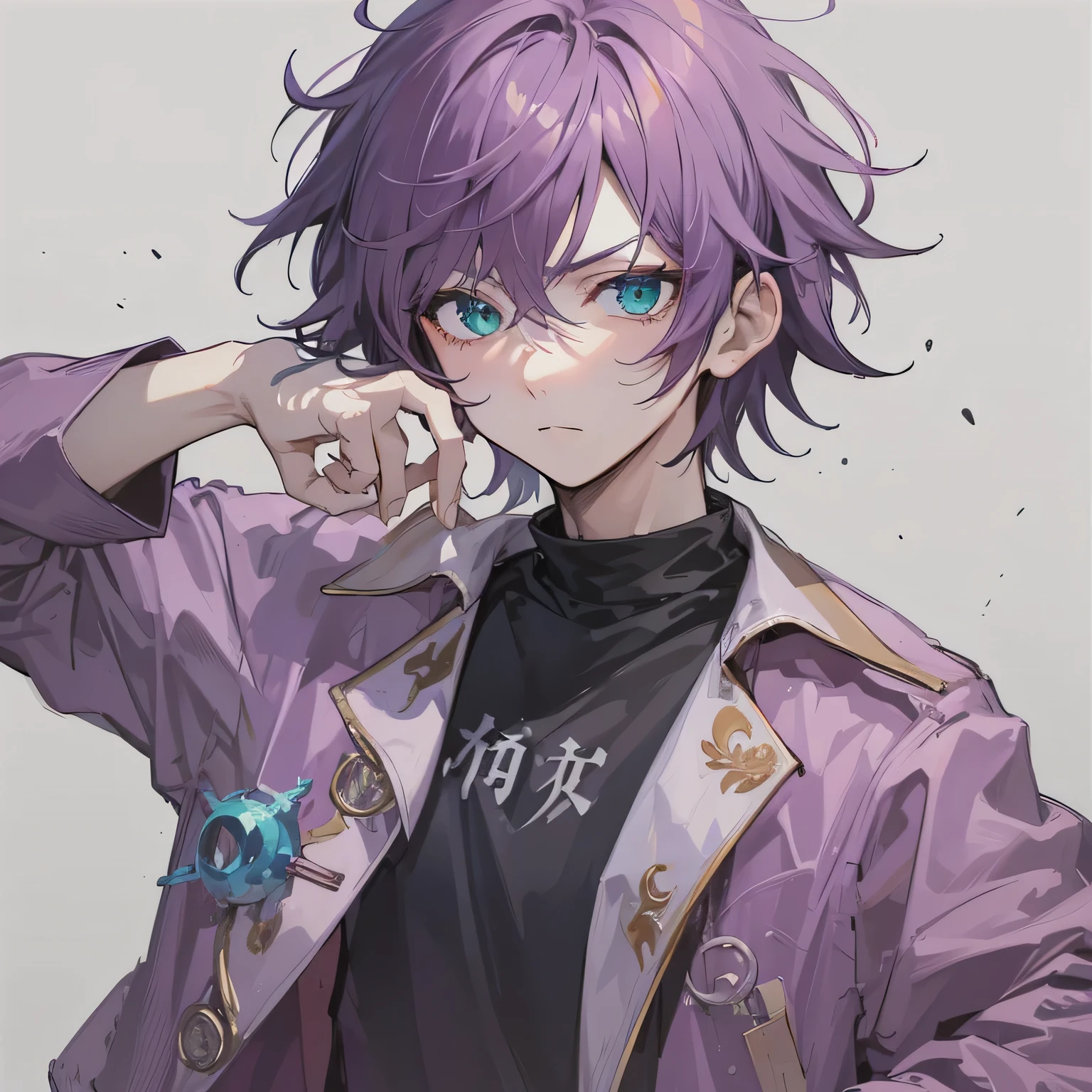 1boy, anime, messy_indigo_hair, magenta_jacket, sea_green_eyes, white_background, irritated, looking_at_viewer