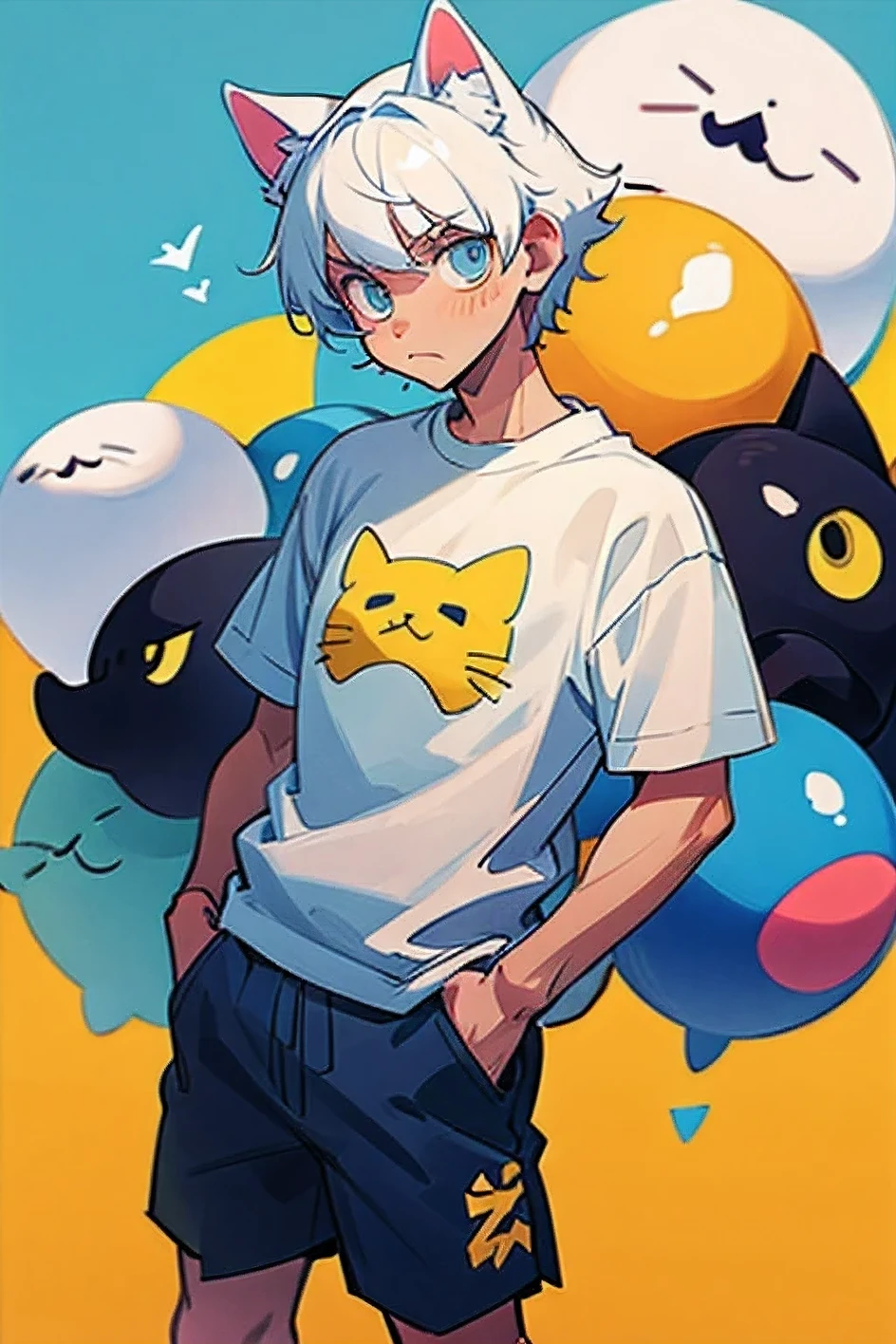White-haired guy., cat ears, Wearing an egg colored shirt with a cat pattern and shorts..