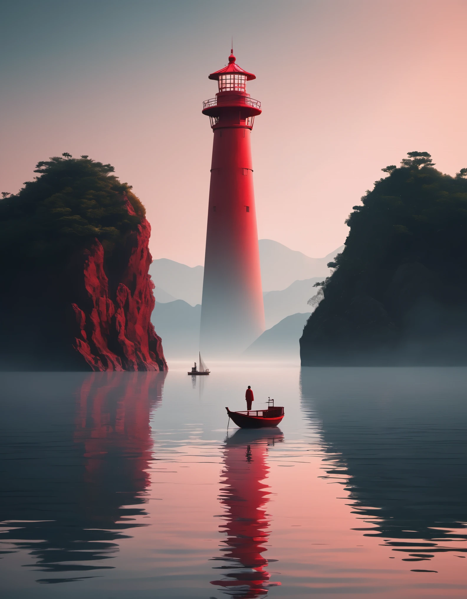 A red lighthouse and boat, with a person standing on the boat, in an Eastern minimalist style presented in a 4d movie. Conceptual art, Shang Dynasty, a peaceful and contemplative feeling, minimalist stage design