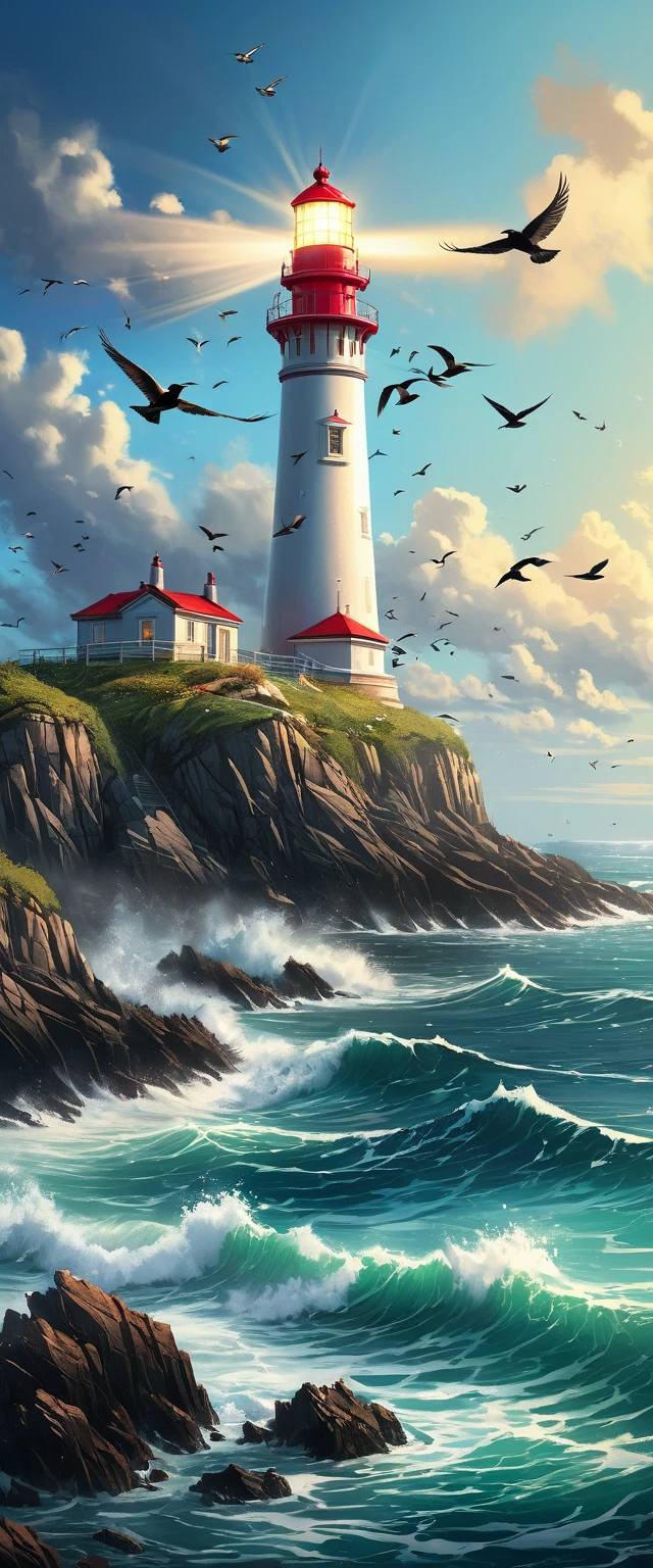 a painting of a lighthouse on a rocky shore with birds flying around, Lighthouse radiates light from the sea., art station, serial art,, lighthouse, lighthouse, Amazing wallpapers, beautiful数字艺术作品, 一个beautiful艺术, 4k detailed digital art, landscape artwork, 一幅beautiful画, high quality digital, beautiful.super detailed,(actual,photoactual,photo-actual:1.37),anatomically correct...