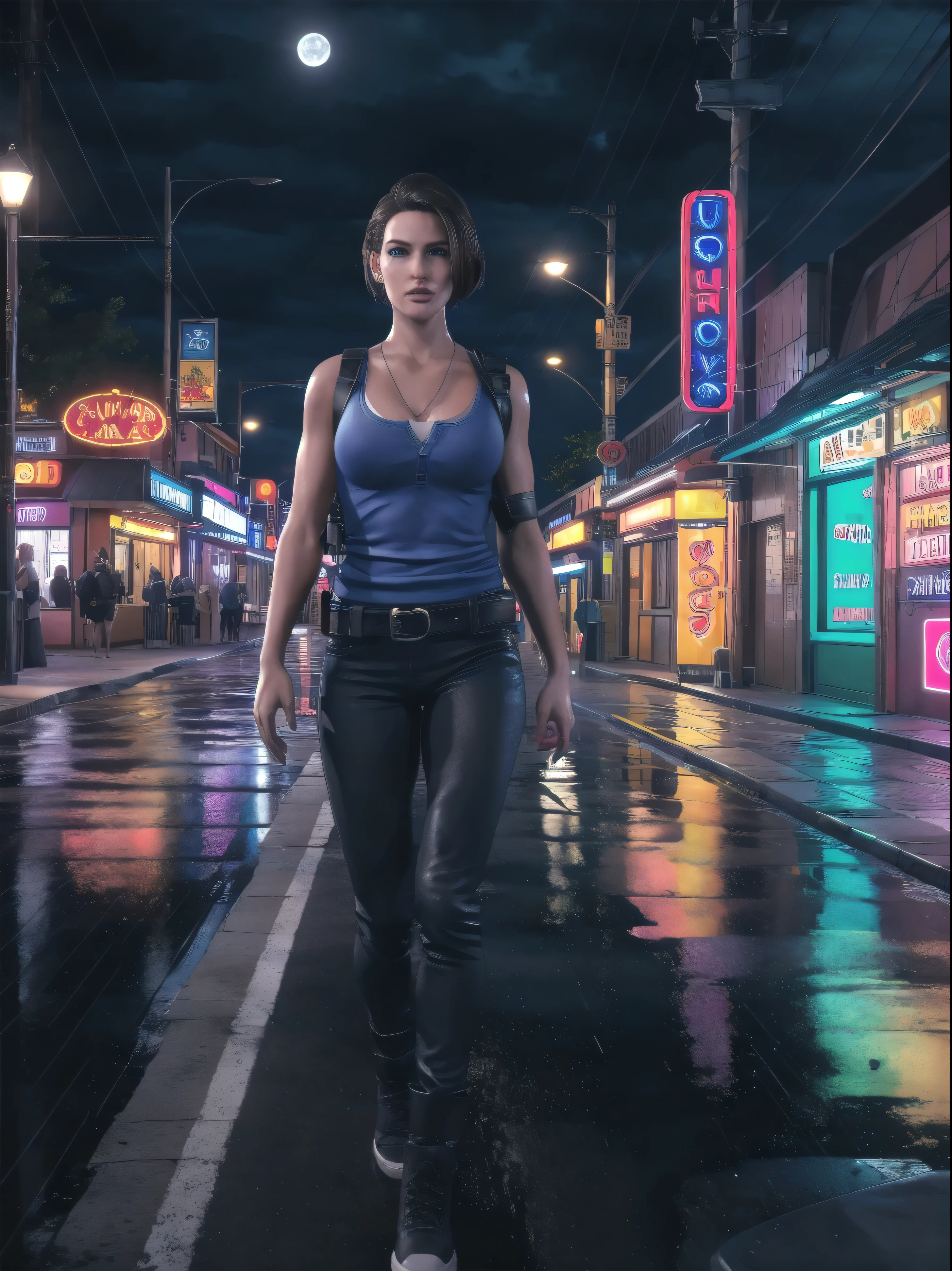 Jill valentine, walking through city streets, an night, moonlight, neon signs, raining, storm, raindrops, award winning,(8k, RAW photo, best quality, masterpiece:1.2),ultra-detailed, (high detailed skin:1.2), 8k uhd, dslr, soft lighting, high quality, 