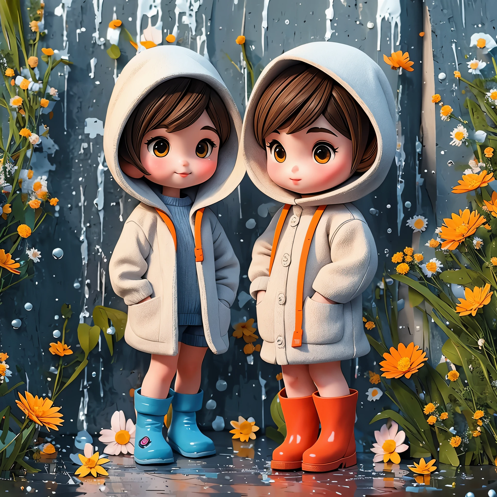 (masterpiece, best quality:1.2),1 ceramic doll，穿着sweater服，sweater，Furry texture，Hooded clothes，Orange schoolbag，Wear blue rain boots，Play outside，Treading puddles，splash，Little flowers on the roadside，Beautiful scenery，