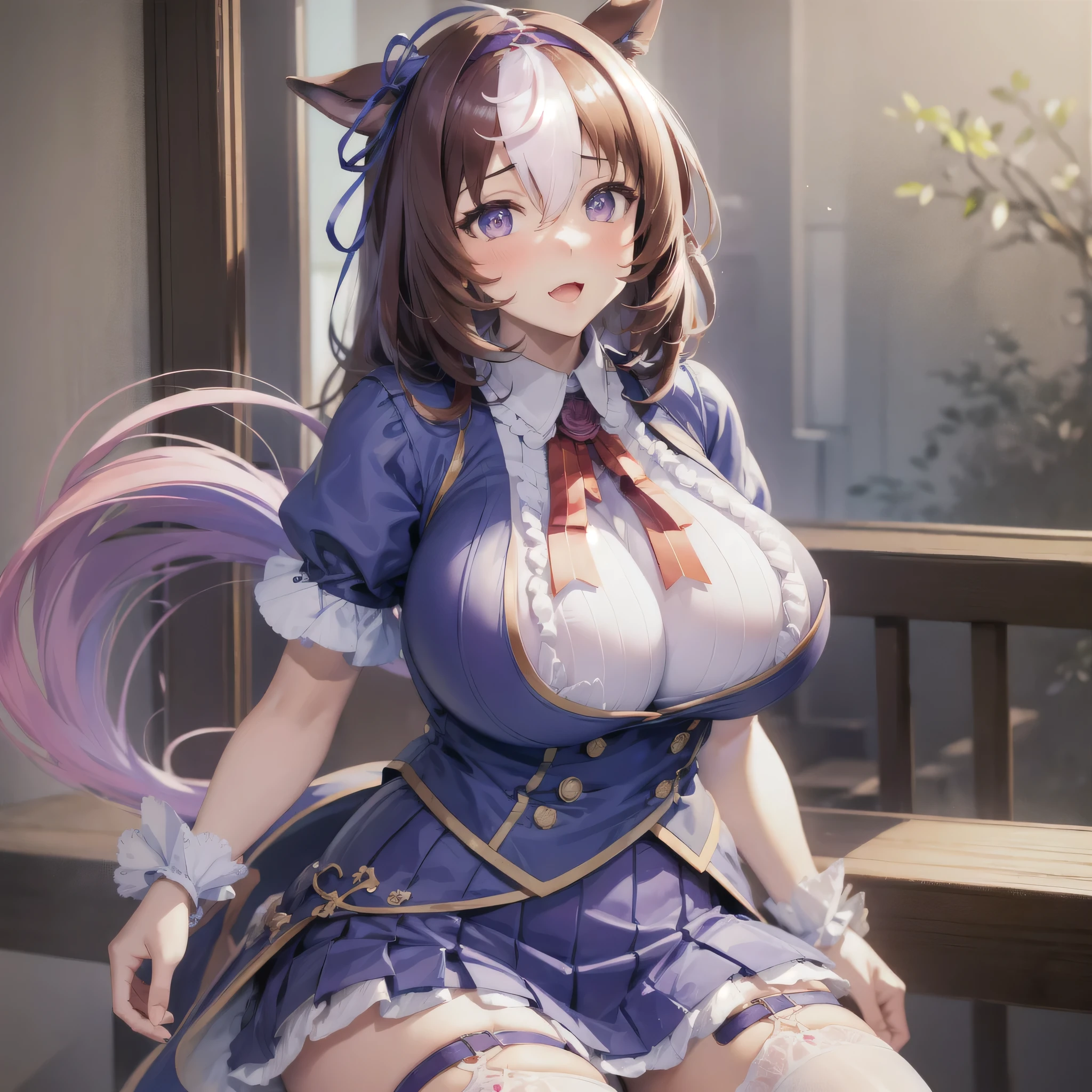 masterpiece, highest quality, 1 girl, Meishodotou, blue skirt, shirt, horse tail, blue clothes, blue ear ribbon, ribbon, white legwear, frilled shirt collar, white gloves, pink hair band, Shoulder bag,smile,blush,squat with legs apart,lace panties,(huge breasts:1.8),show crotch,Panties are transparent、My clothes are transparent、nipple
