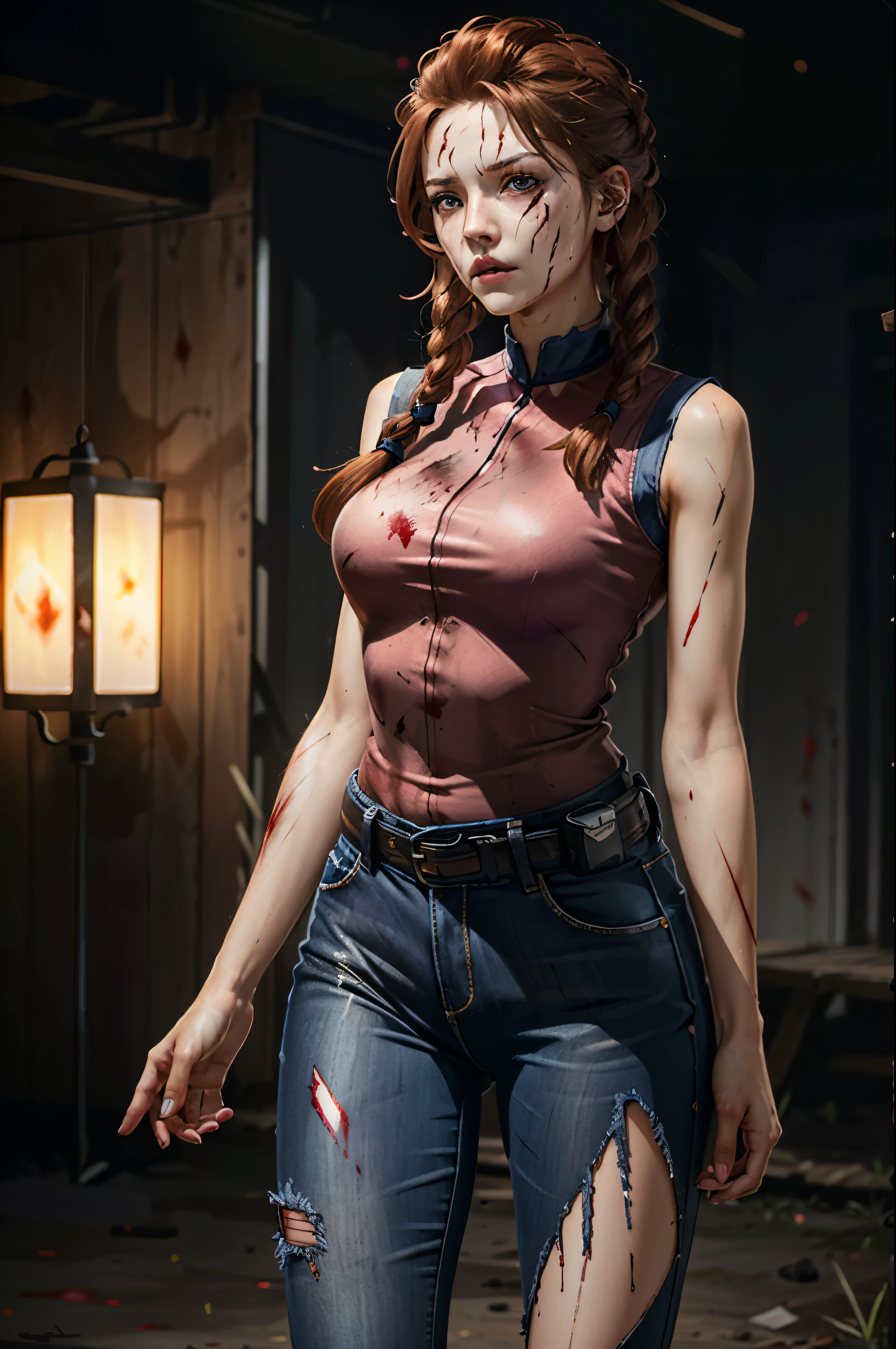 (masterpiece, best quality) MegThomasDBD, 1girl, solo, long hair, breasts, looking at viewer, large breasts, shirt, bare shoulders, medium breasts, standing, braid, cowboy shot, parted lips, sleeveless, pants, twin braids, red hair, blue eyes, lips, sleeveless shirt, blood, floating hair, turtleneck, scar, black pants, denim, red shirt, scar on face, pink shirt, jeans, injury, blood on face, blood on clothes, scar on cheek, cuts, high-waist pants, blood on arm