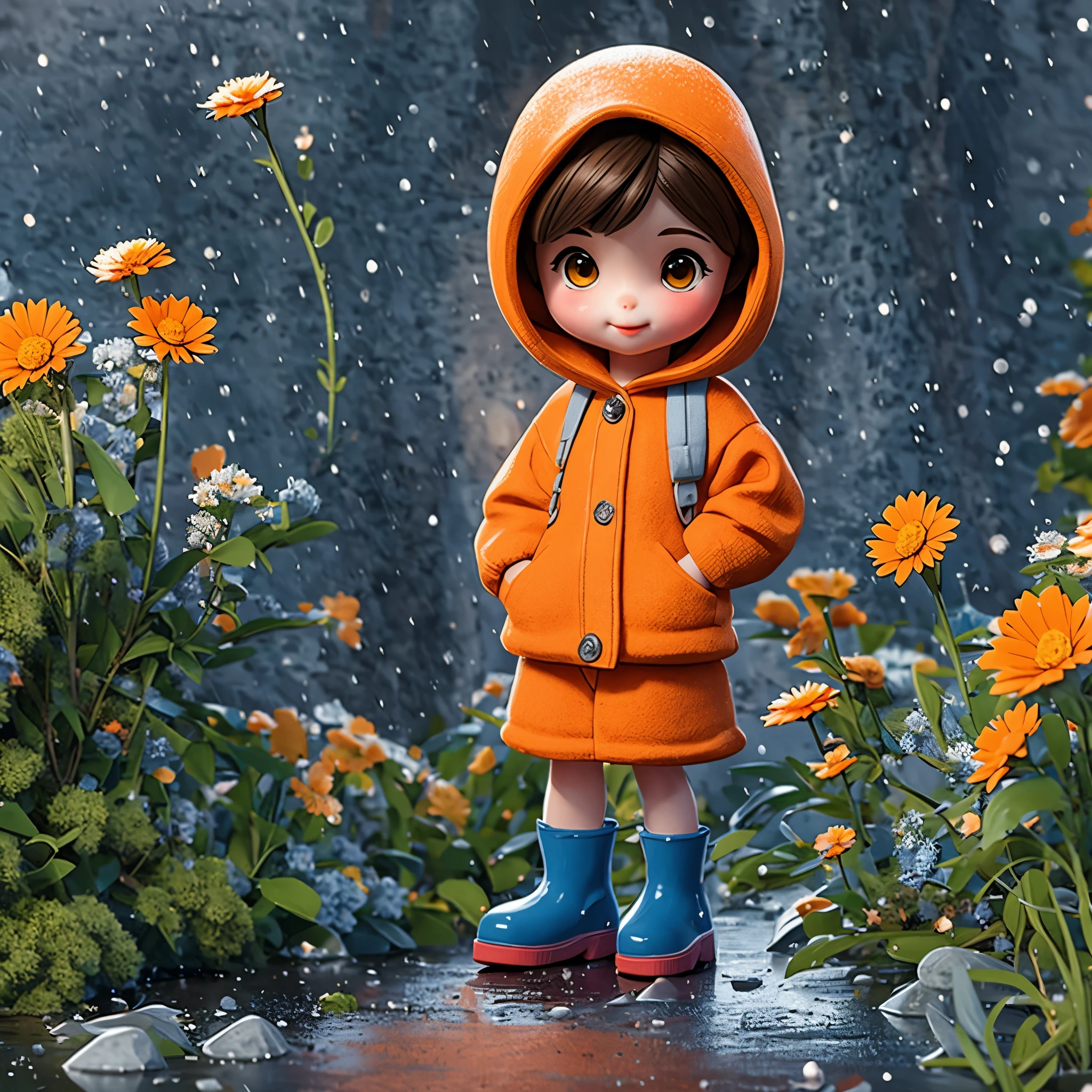 (masterpiece, best quality:1.2),1 ceramic doll，穿着sweater服，sweater，Furry texture，Hooded clothes，Orange schoolbag，Wear blue rain boots，Play outside，Treading puddles，splash，Little flowers on the roadside，Beautiful scenery，