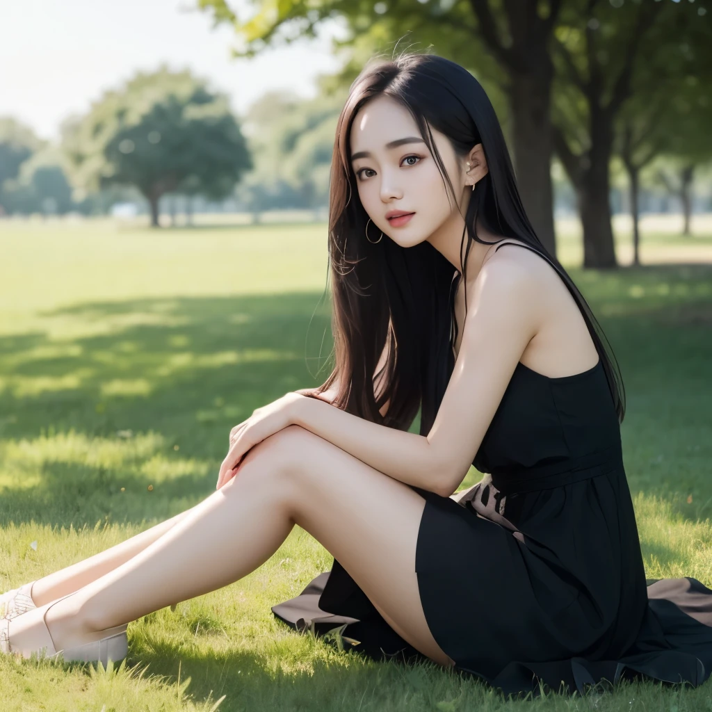 Alafi sits on the grass in a black dress,Legs crossed, nivanh chanthara, dilraba dilmurat, mai anh tran, very low quality, Anime Thai girl, With long hair, imagem de qualidade alta, personal profile picture, dang my linh, A young Asian woman, Fanart, Asian girl with long hair, xintong chen,(Open-mouthed,teeth)
