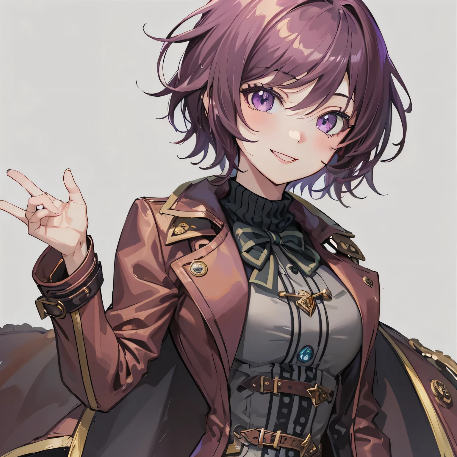 1girl, anime, wavy_short_hair, burgundy_hair, steampunk_coat, maroon_sweater_dress, amethyst_eyes, bright, white_background, cheerful, smiling, looking_at_viewer