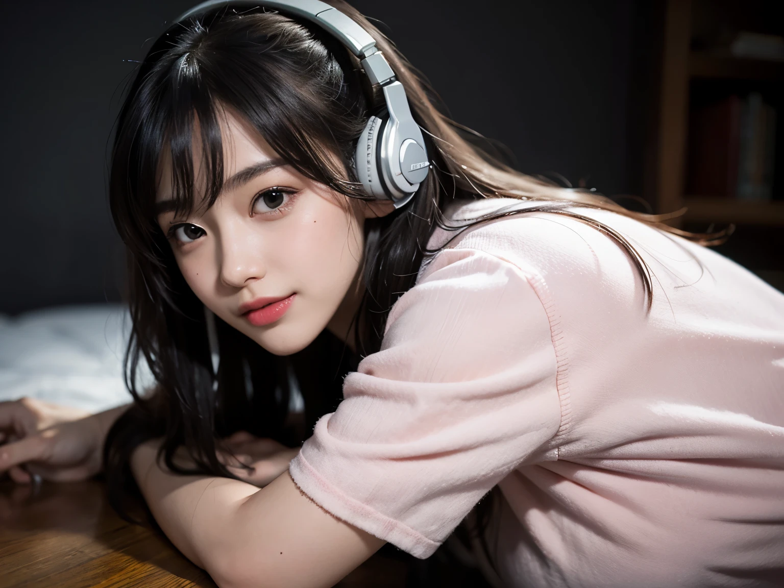 (best quality,4k,8k,highres,masterpiece:1.2),ultra-detailed,(realistic,photorealistic,photo-realistic:1.37),girl with headphones,smiling,cute,Japanese,gamers,sit facing forward,front angle,pink silky clothes,close-up,portraits,studio lighting,vibrant colors,soft lighting