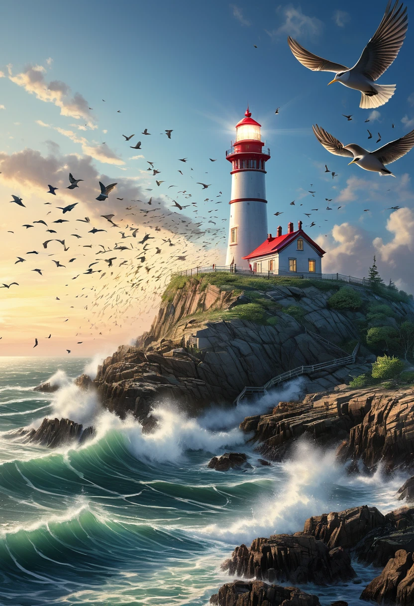 a painting of a lighthouse on a rocky shore with birds flying around, Lighthouse radiates light from the sea., art station, serial art,, lighthouse, lighthouse, Amazing wallpapers, beautiful数字艺术作品, 一个beautiful艺术, 4k detailed digital art, landscape artwork, 一幅beautiful画, high quality digital, beautiful.super detailed,(actual,photoactual,photo-actual:1.37),anatomically correct...