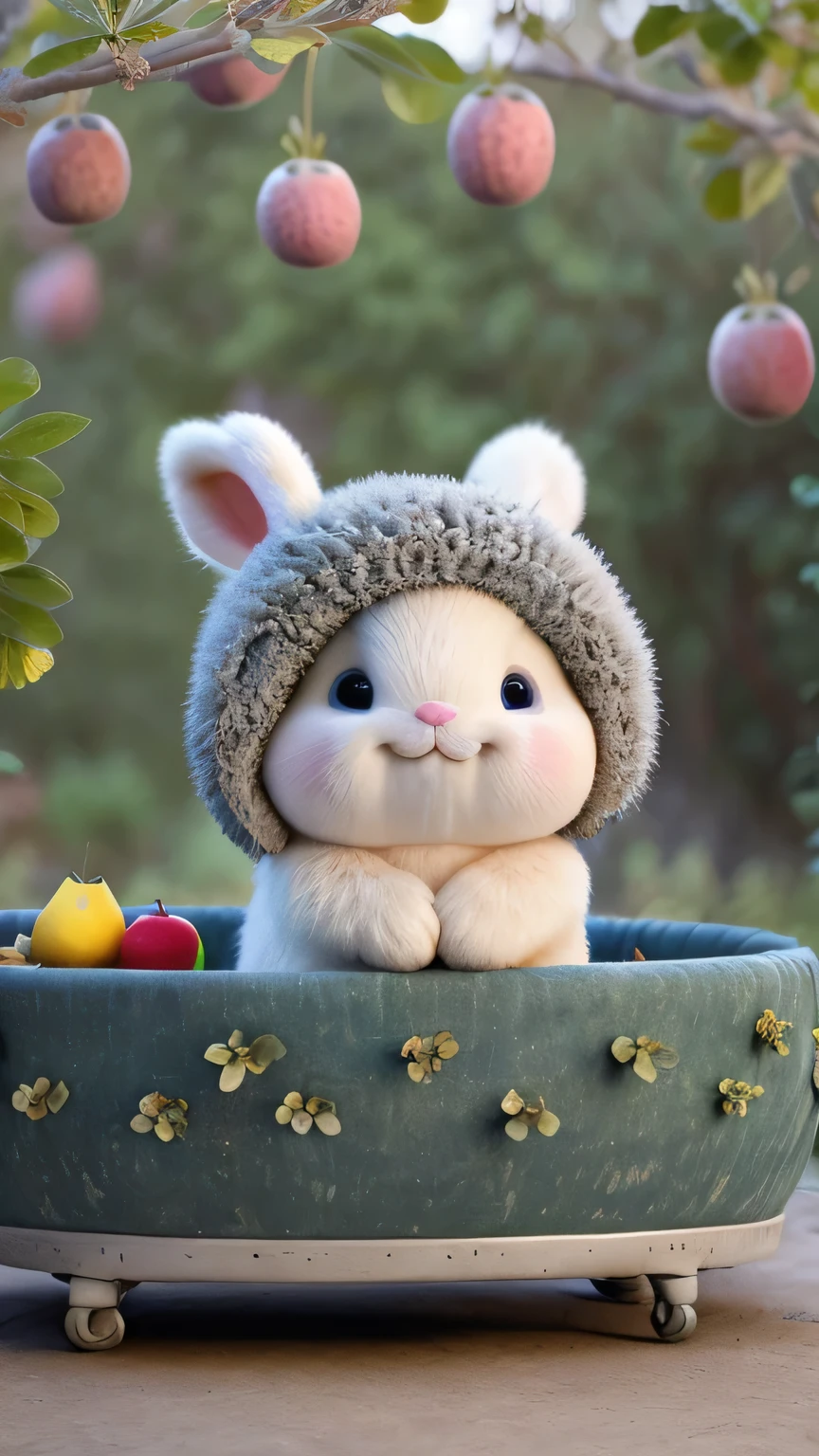 (masterpiece, Award-winning, best quality, high resolution) 3d illustration, 1 cute fluffy bunny, wearing an outfit, Lying on a bed of juicy ripe fruits, Surrounded by colorful orchards.