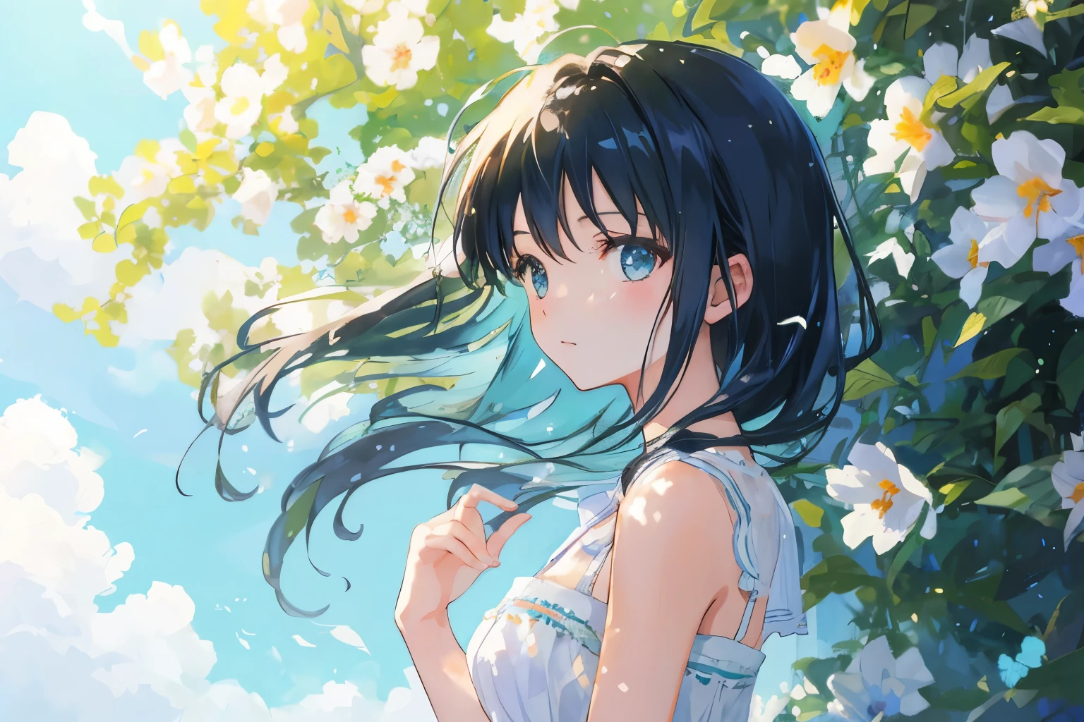 Create exquisite illustrations reminiscent of Makoto Shinkai's style, It has ultra-fine details and top-notch quality. Generate a high-quality illustration depicting a scene of summer where a beautiful girl's hair is blowing in the wind. Ensure that the overall composition exudes a sense of nostalgia and fantasy, with intricate details capturing the essence of a nostalgic summer day. Pay attention to elements such as the gentle breeze ruffling the girl's hair, the warm sunlight casting dappled shadows, and the serene expression on the girl's face as she enjoys the tranquility of the moment. Aim for a finely crafted artwork that transports viewers to a nostalgic and whimsical summer scene. best quality, masterpiece