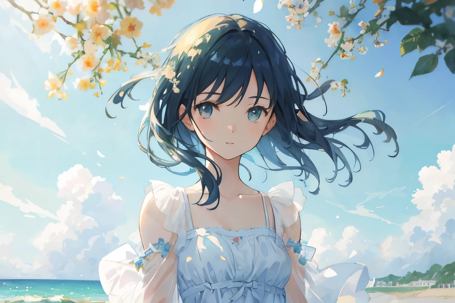 Create exquisite illustrations reminiscent of Makoto Shinkai's style, It has ultra-fine details and top-notch quality. Generate a high-quality illustration depicting a scene of summer where a beautiful girl's hair is blowing in the wind. Ensure that the overall composition exudes a sense of nostalgia and fantasy, with intricate details capturing the essence of a nostalgic summer day. Pay attention to elements such as the gentle breeze ruffling the girl's hair, the warm sunlight casting dappled shadows, and the serene expression on the girl's face as she enjoys the tranquility of the moment. Aim for a finely crafted artwork that transports viewers to a nostalgic and whimsical summer scene. best quality, masterpiece