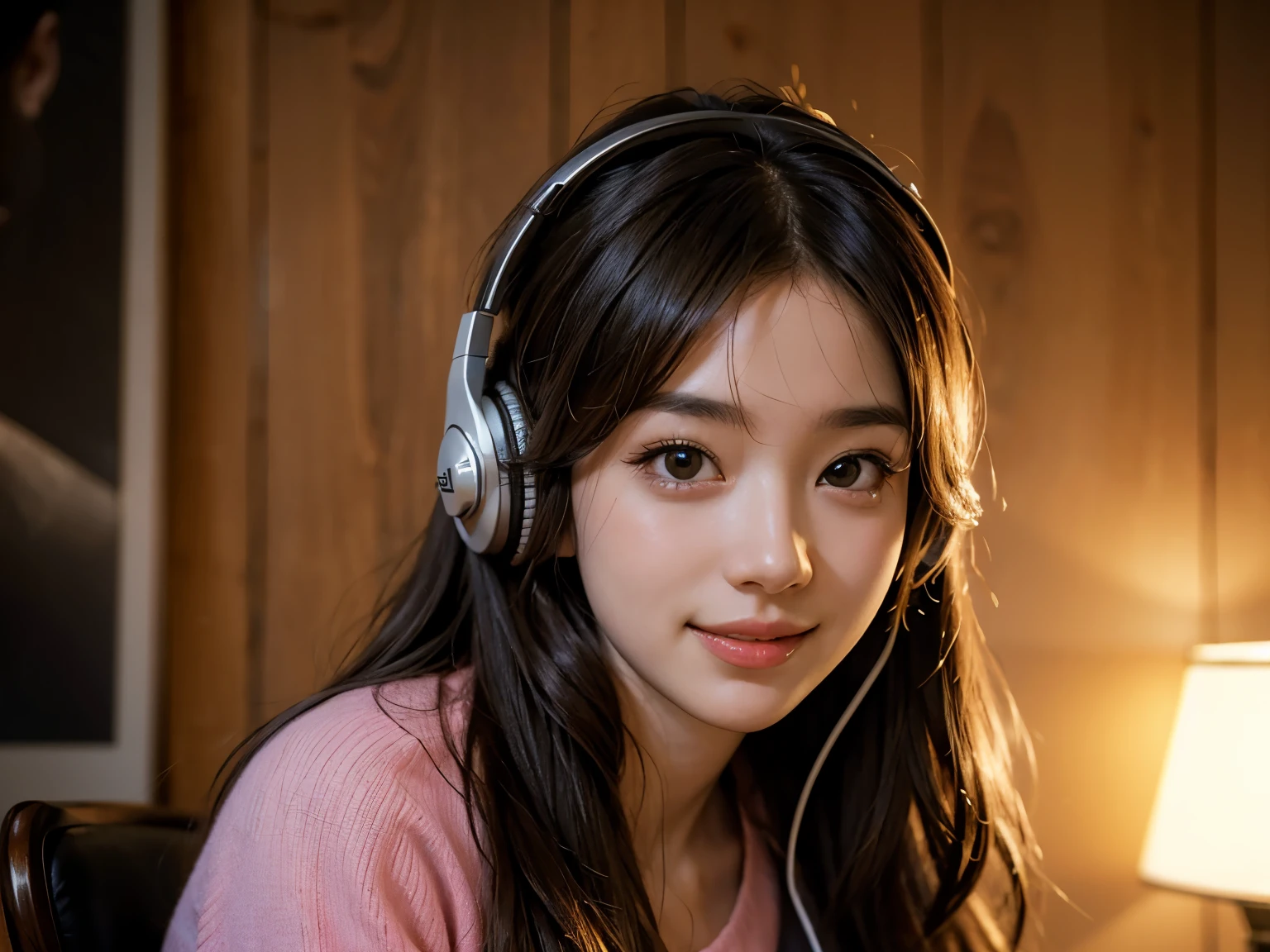(best quality,4k,8k,highres,masterpiece:1.2),ultra-detailed,(realistic,photorealistic,photo-realistic:1.37),girl with headphones,smiling,cute,Japanese,gamers,sit facing forward,front angle,pink silky clothes,close-up,portraits,studio lighting,vibrant colors,soft lighting
