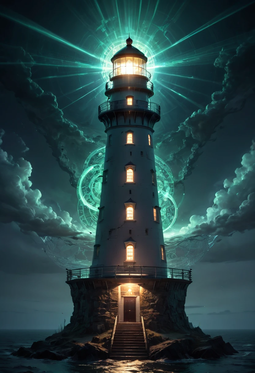 (hi-tech Lighthouse:1.4), esoteric practices of cyber-occultism, dimly glow glow with an otherworldly light. weaves incantations laden with binary codes, summoning from the digital realm, constructed from advanced engineering. traverse the dark corners of technology, expression of feelings, imaginative, (best quality, masterpiece, Representative work, official art, Professional, 8k, Ultra intricate detailed:1.3)