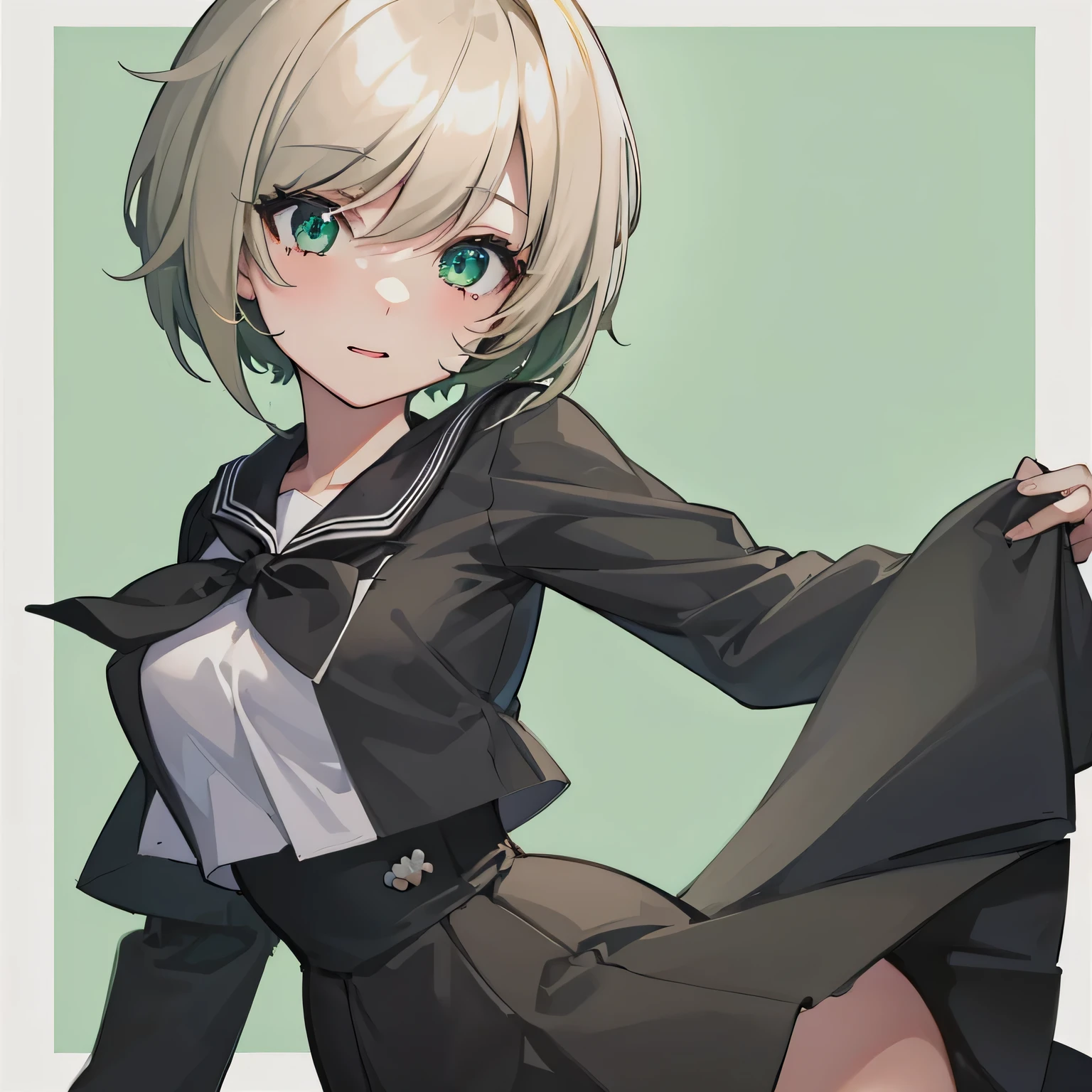 1girl, anime, small_breasts, bob_unkempt_short_hair, dark_blonde_hair, black_sailor_school_uniform, green_eyes, white_background, cheerful, looking_at_viewer