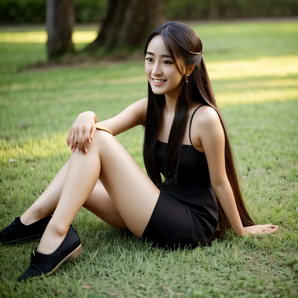 Alafi sits on the grass in a black dress，Legs crossed, nivanh chanthara, dilraba dilmurat, mai anh tran, very low quality, Anime Thai girl, With long hair, imagem de qualidade alta, personal profile picture, dang my linh, A young Asian woman, Fanart, Asian girl with long hair, xintong chen，（Open-mouthed，teeth）