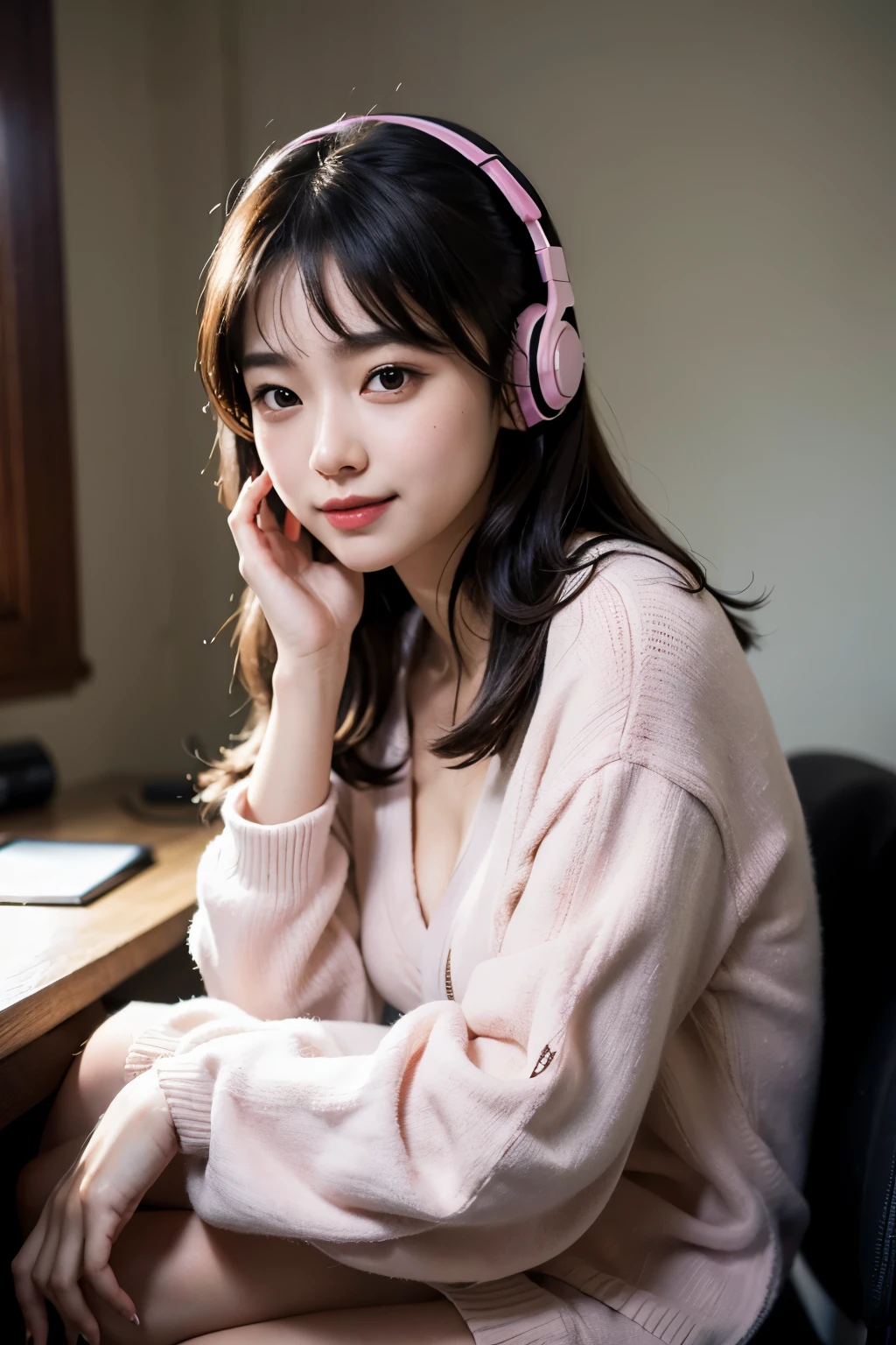 (best quality,4k,8k,highres,masterpiece:1.2),ultra-detailed,(realistic,photorealistic,photo-realistic:1.37),girl with headphones,smiling,cute,Japanese,gamers,sit facing forward,front angle,pink silky clothes,close-up,portraits,studio lighting,vibrant colors,soft lighting