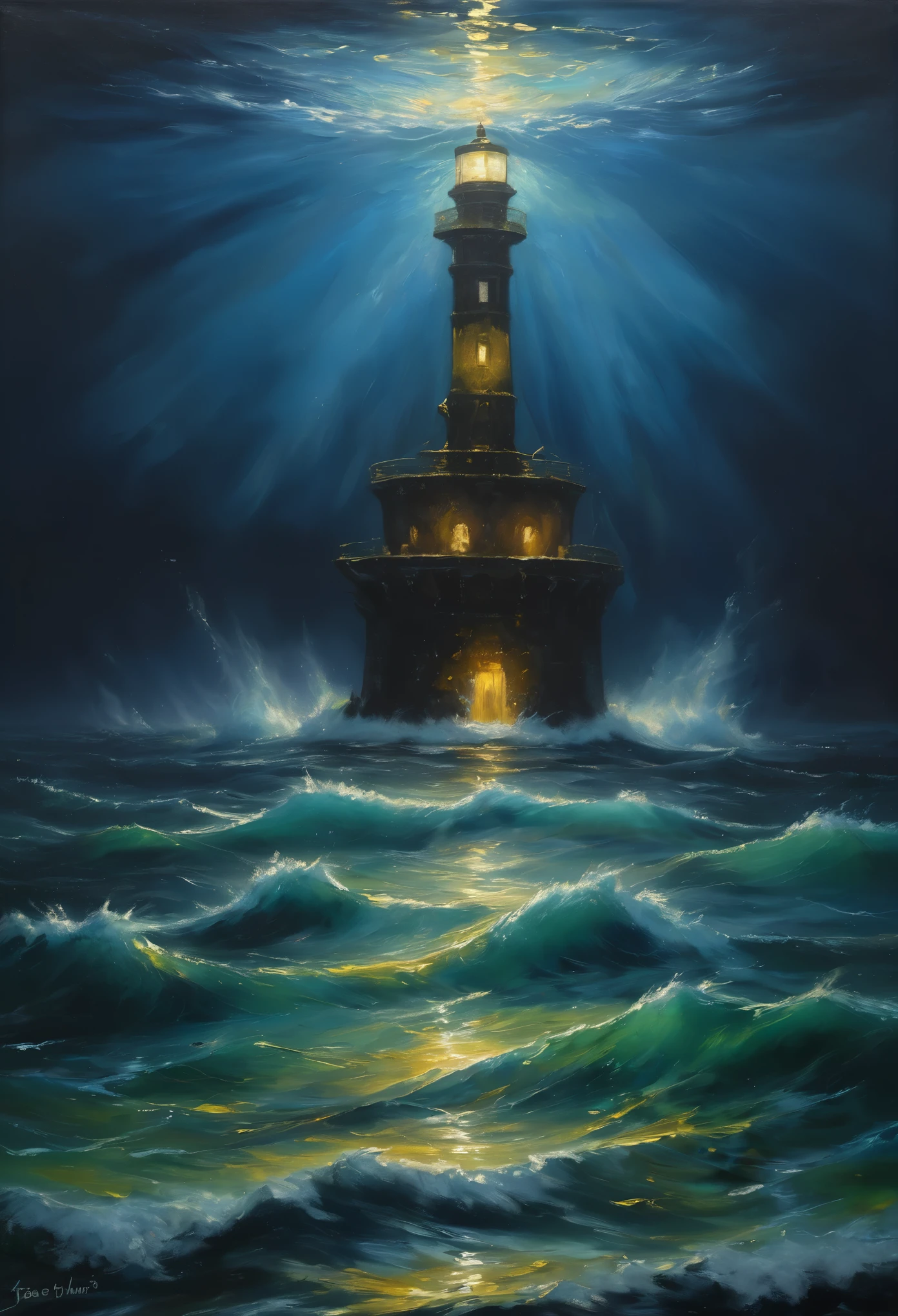 In the center of the sea, there stands a lighthouse, illuminating the surrounding waters. This scene takes place at night, with a blue sky contrasting against the dark ocean. The whole painting exudes a strong oil painting style, with clear layers, as if it were a vibrant comic illustration.
