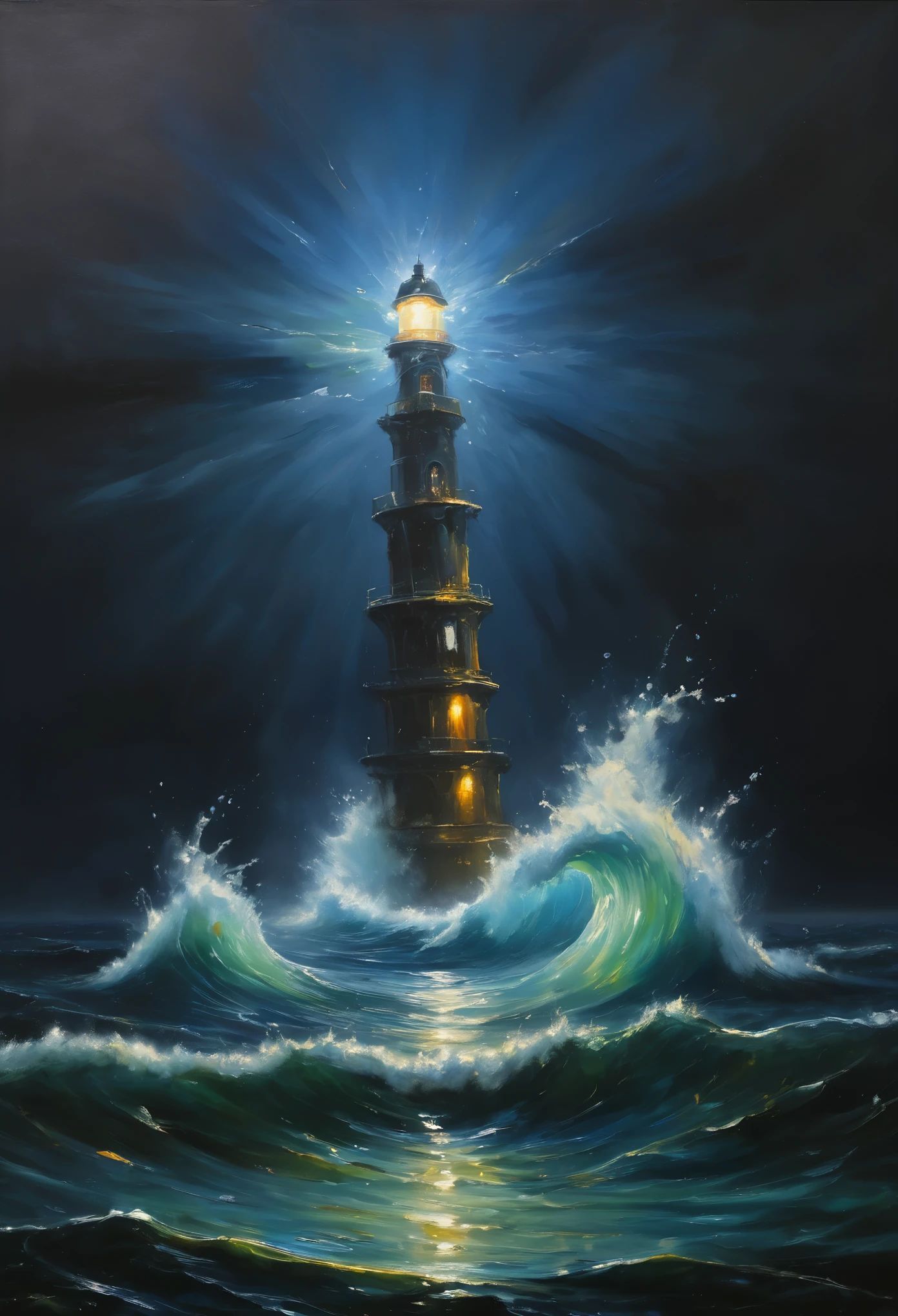 In the center of the sea, there stands a lighthouse, illuminating the surrounding waters. This scene takes place at night, with a blue sky contrasting against the dark ocean. The whole painting exudes a strong oil painting style, with clear layers, as if it were a vibrant comic illustration.