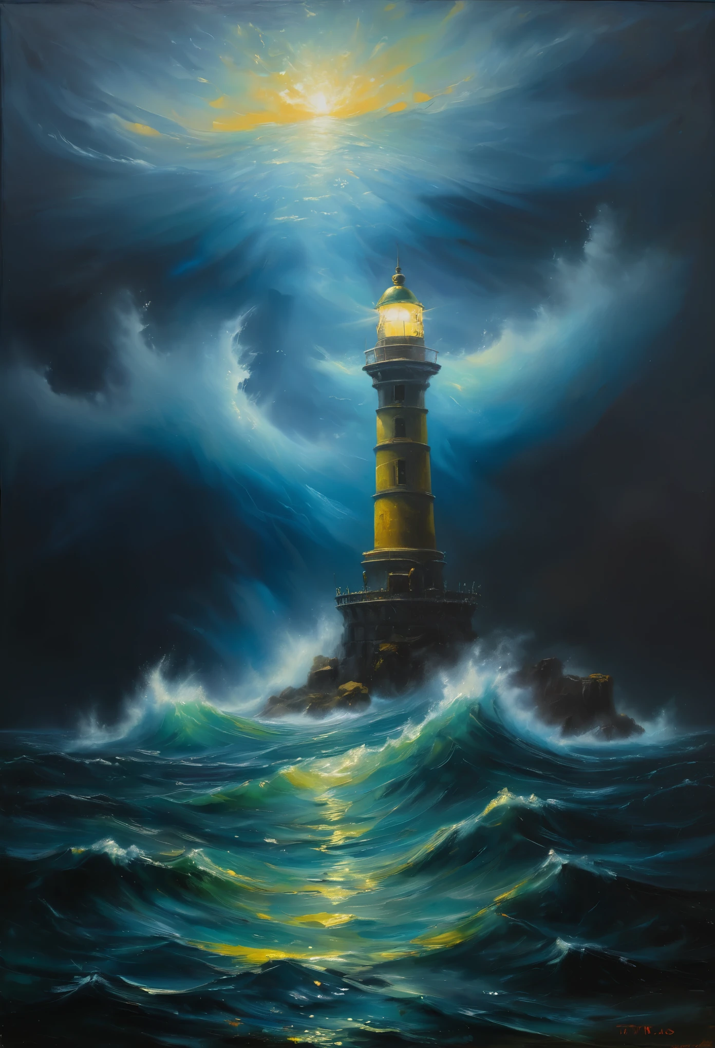 In the center of the sea, there stands a lighthouse, illuminating the surrounding waters. This scene takes place at night, with a blue sky contrasting against the dark ocean. The whole painting exudes a strong oil painting style, with clear layers, as if it were a vibrant comic illustration.
